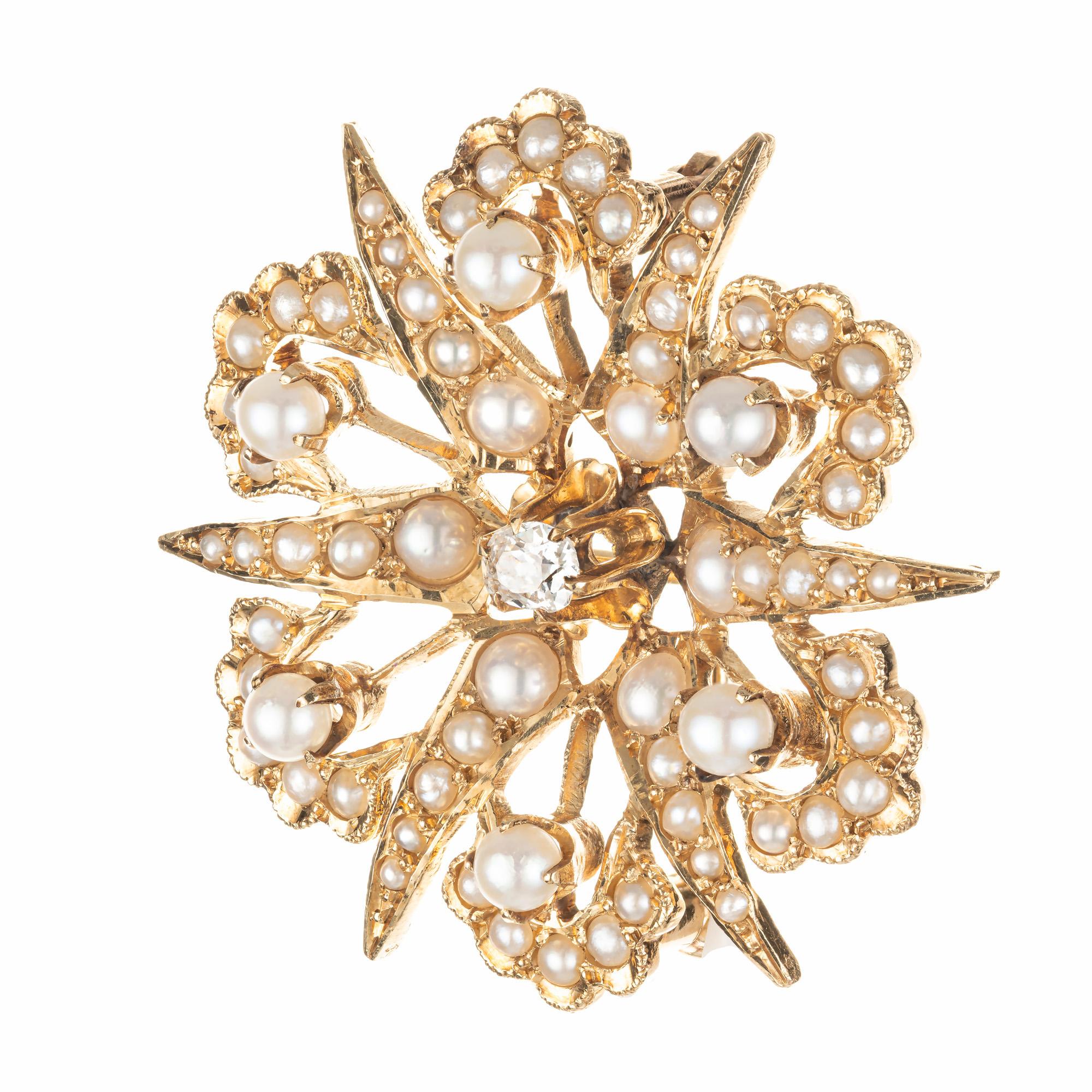 Turn of the century, Antique cushion cut diamond natural pearl brooch pendant. 1 old mine cut center diamond set in 14k rose gold with 66 white and gray accent pearls. circa 1900's

6 white/ gray pearls, 3.2mm
60 white/ gray seed pearls, 3.0mm