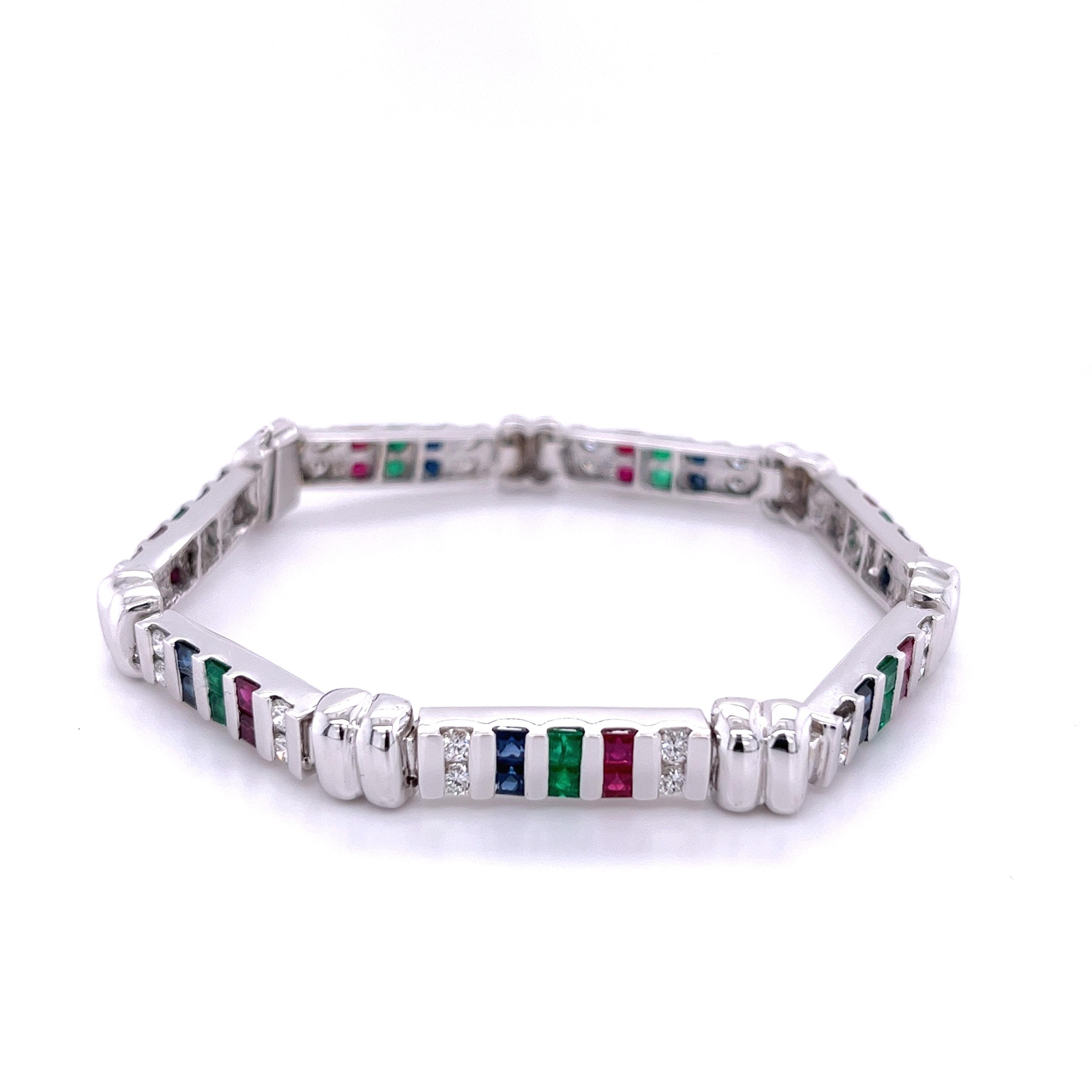 12 Carat Diamond, Ruby, Emerald and Sapphire 18K White Gold Bracelet In Excellent Condition For Sale In Miami, FL