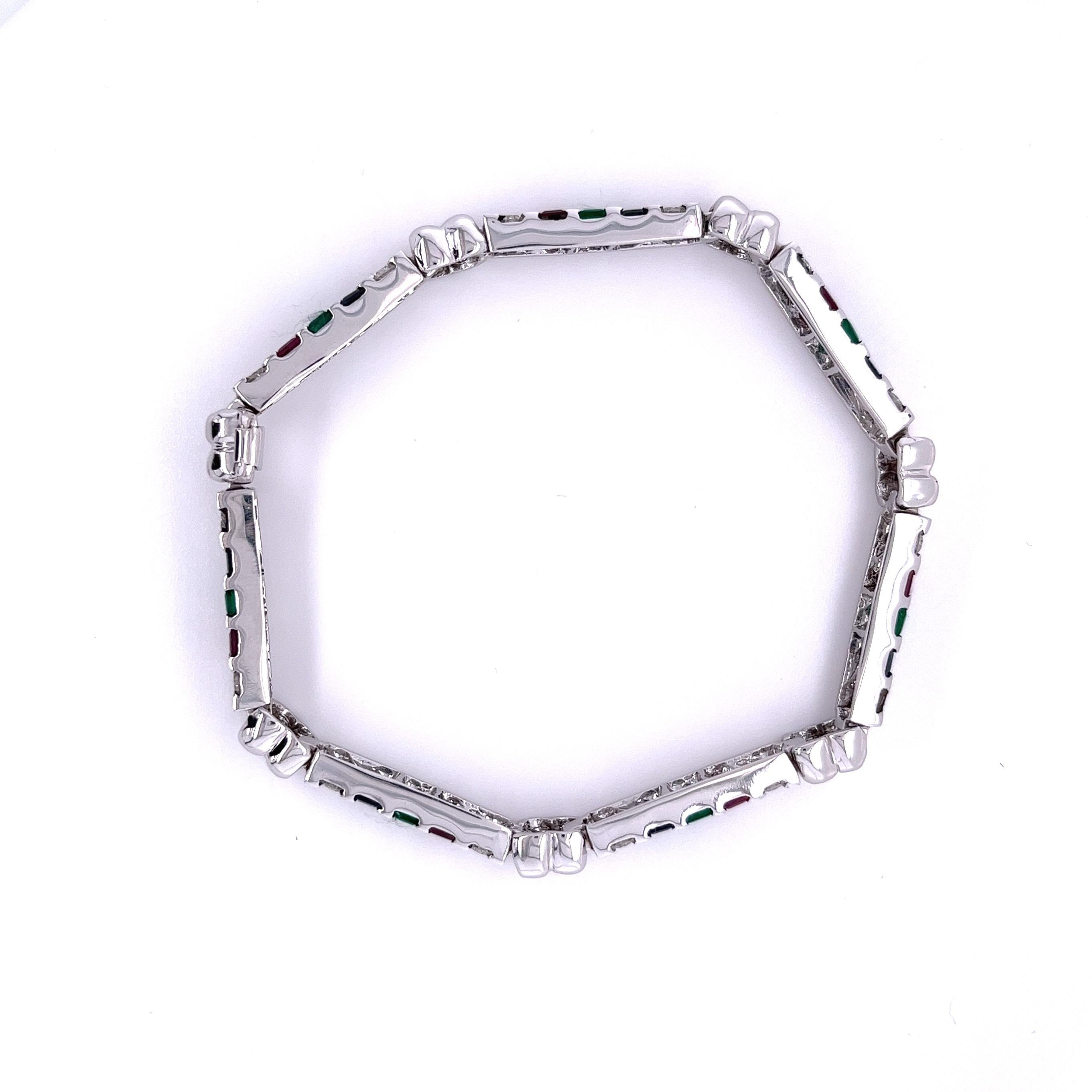 Women's or Men's 12 Carat Diamond, Ruby, Emerald and Sapphire 18K White Gold Bracelet For Sale