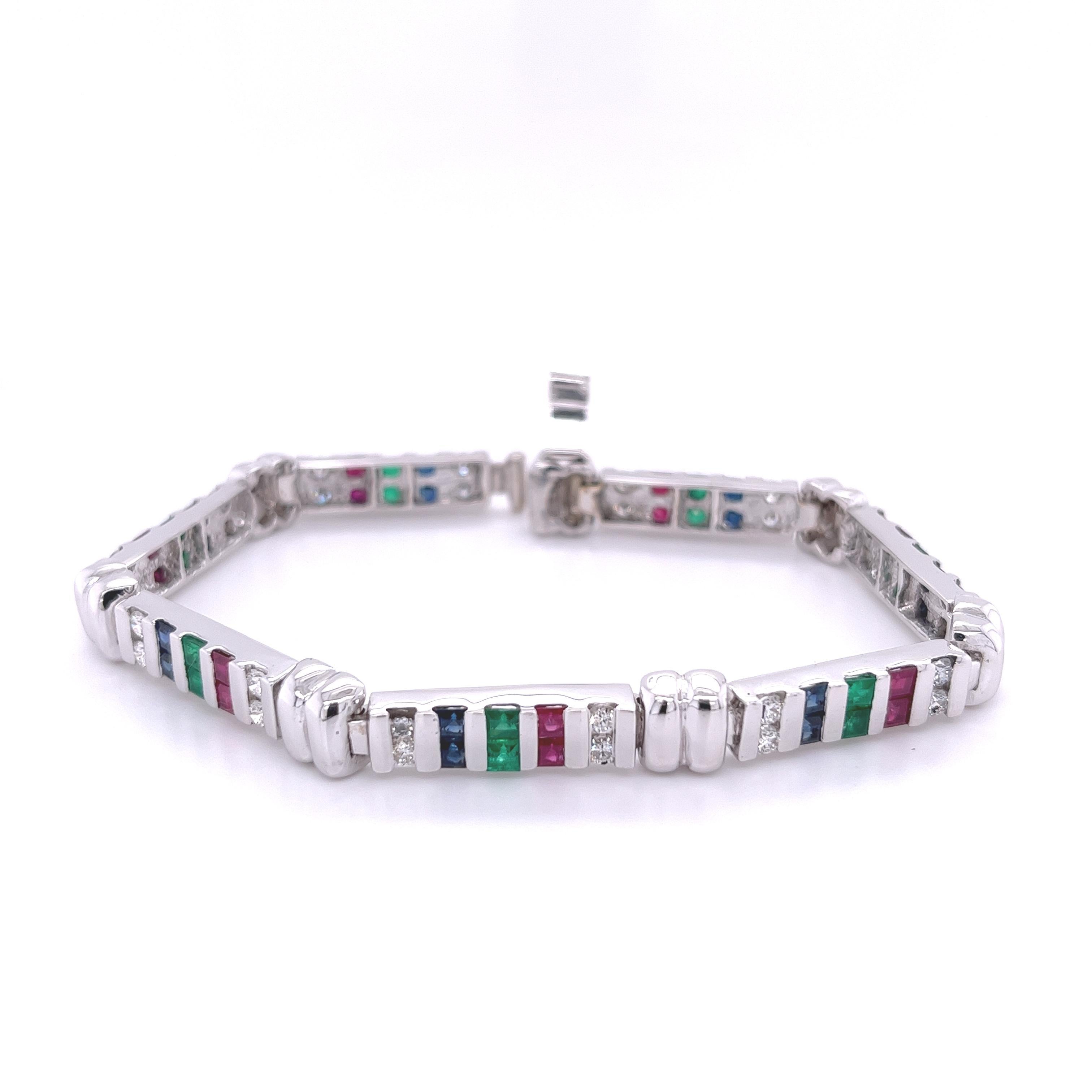12 Carat Diamond, Ruby, Emerald and Sapphire 18K White Gold Bracelet For Sale 2