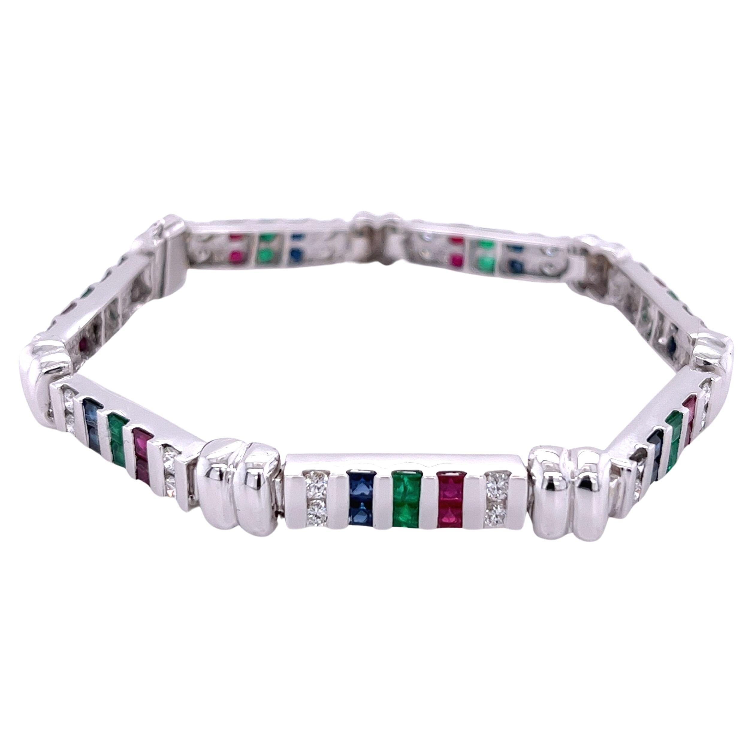 12 Carat Diamond, Ruby, Emerald and Sapphire 18K White Gold Bracelet For Sale