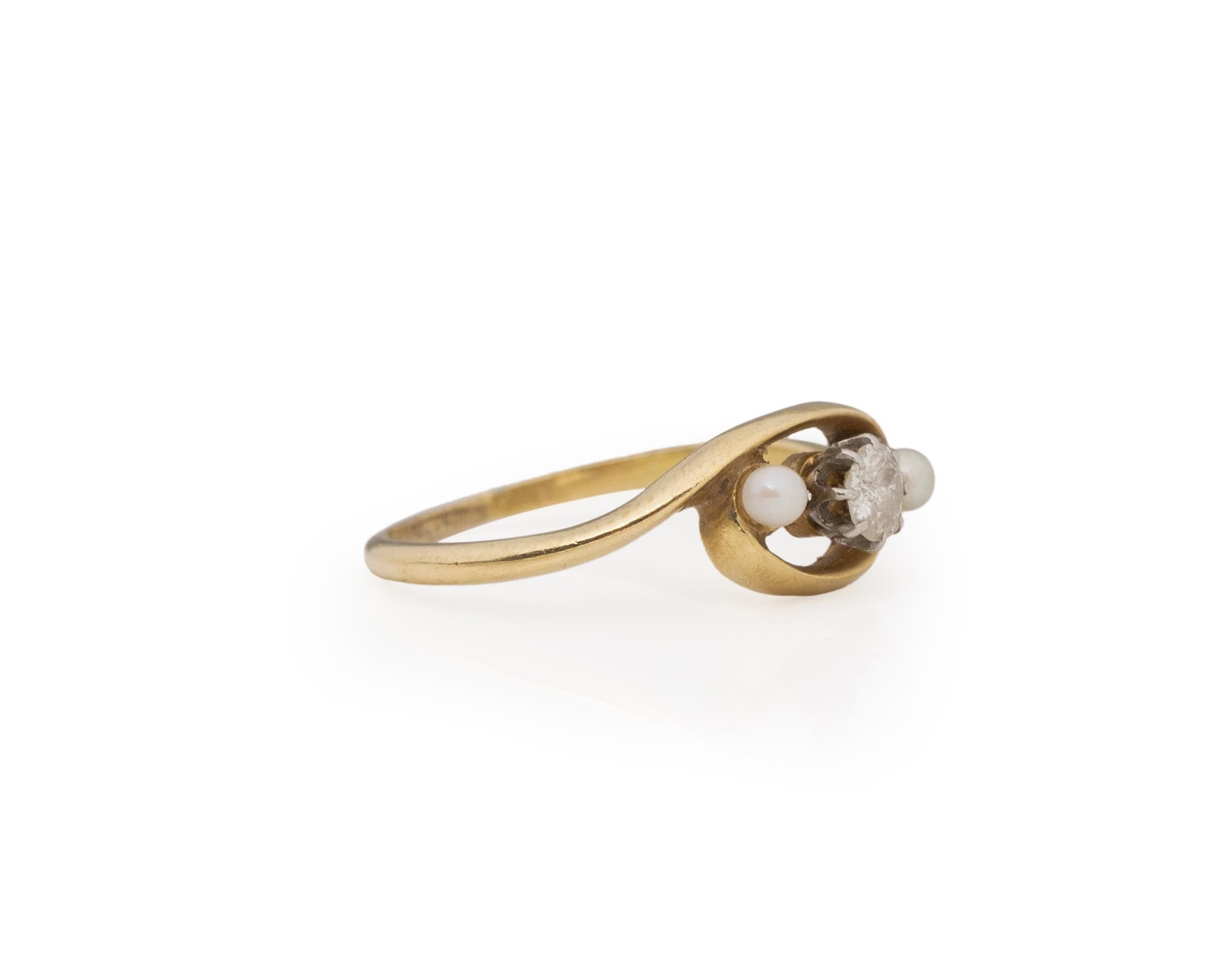 Ring Size: 7
Metal Type: 14k Yellow Gold [Hallmarked, and Tested]
Weight: 2.5 grams

Center Diamond Details:
Weight: .12ct
Cut: Old European brilliant
Color: J
Clarity: SI

Finger to Top of Stone Measurement: 5mm
Condition: Excellent