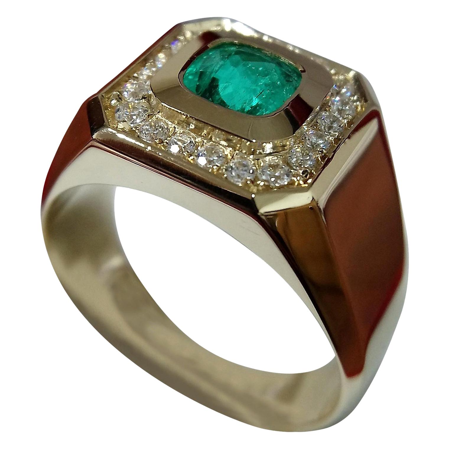 1.2 Carat Emerald and Diamond Gold Engagement Ring For Sale
