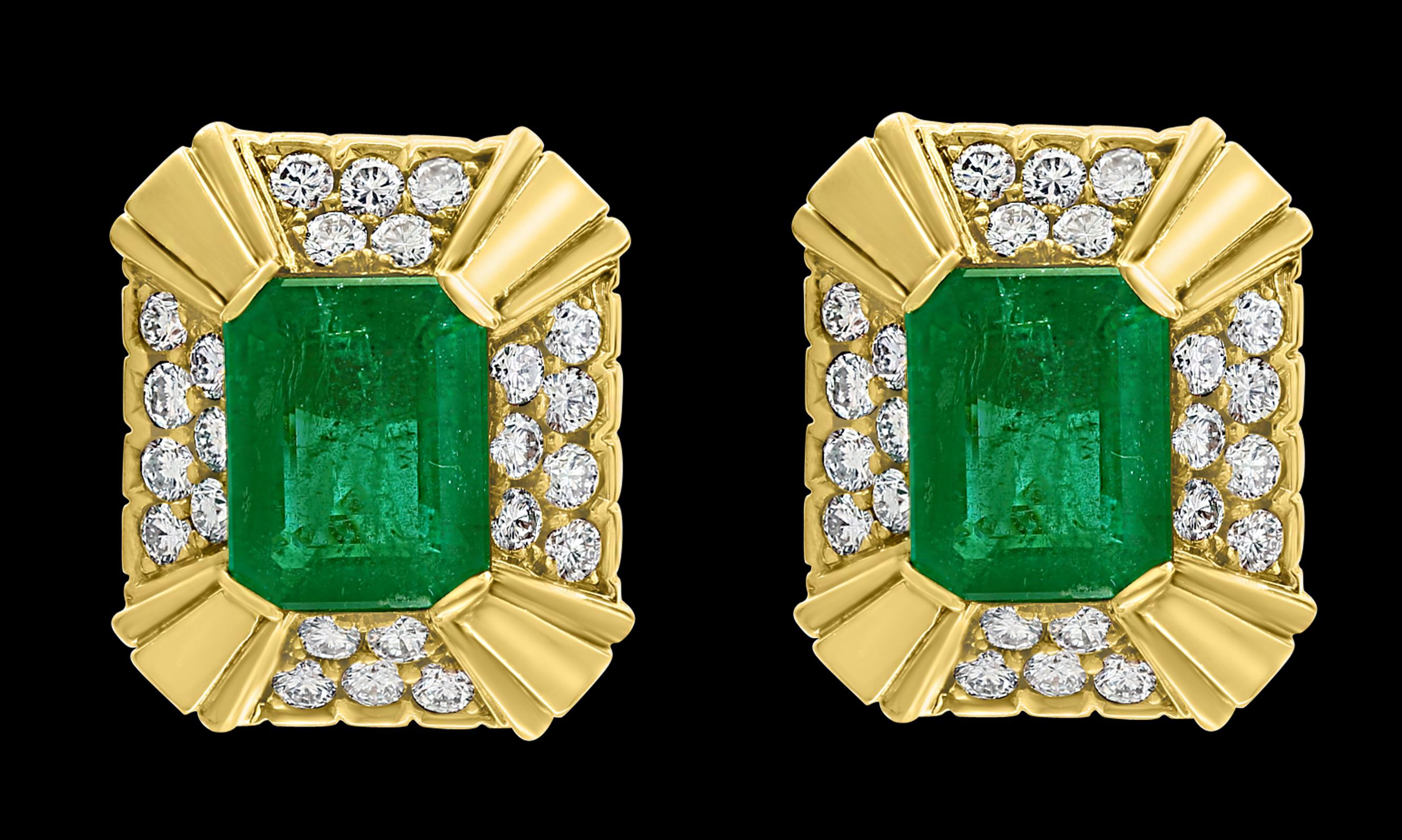 Women's 12 Carat Emerald Cut Emerald Diamond Clip Earrings 18 Karat Yellow Gold, Estate