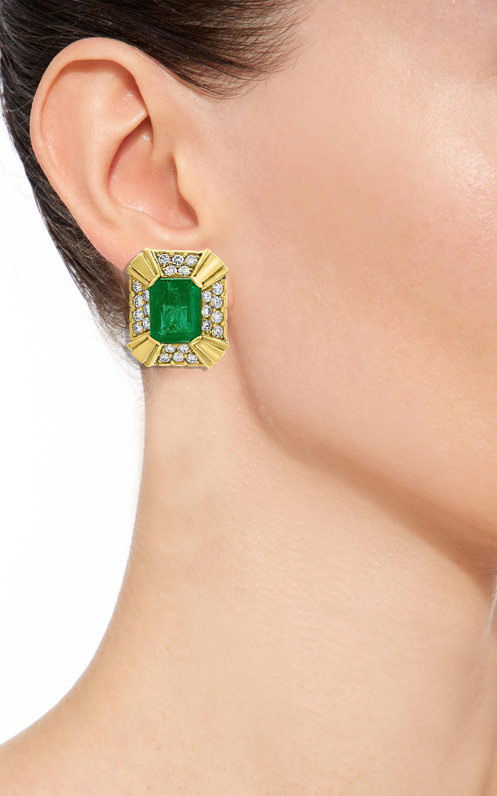 12 Carat Emerald Cut Emerald Diamond Clip Earrings 18 Karat Yellow Gold, Estate 1