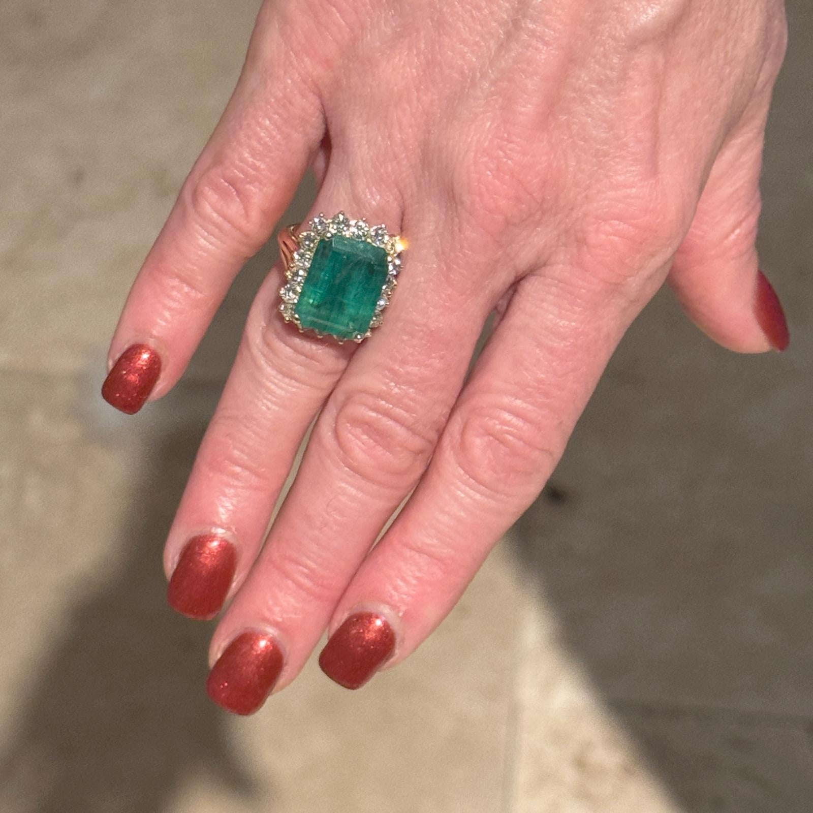 Emerald Cut 12-Carat Emerald Diamond 18 Karat Yellow Gold Vintage Cocktail Ring For Sale