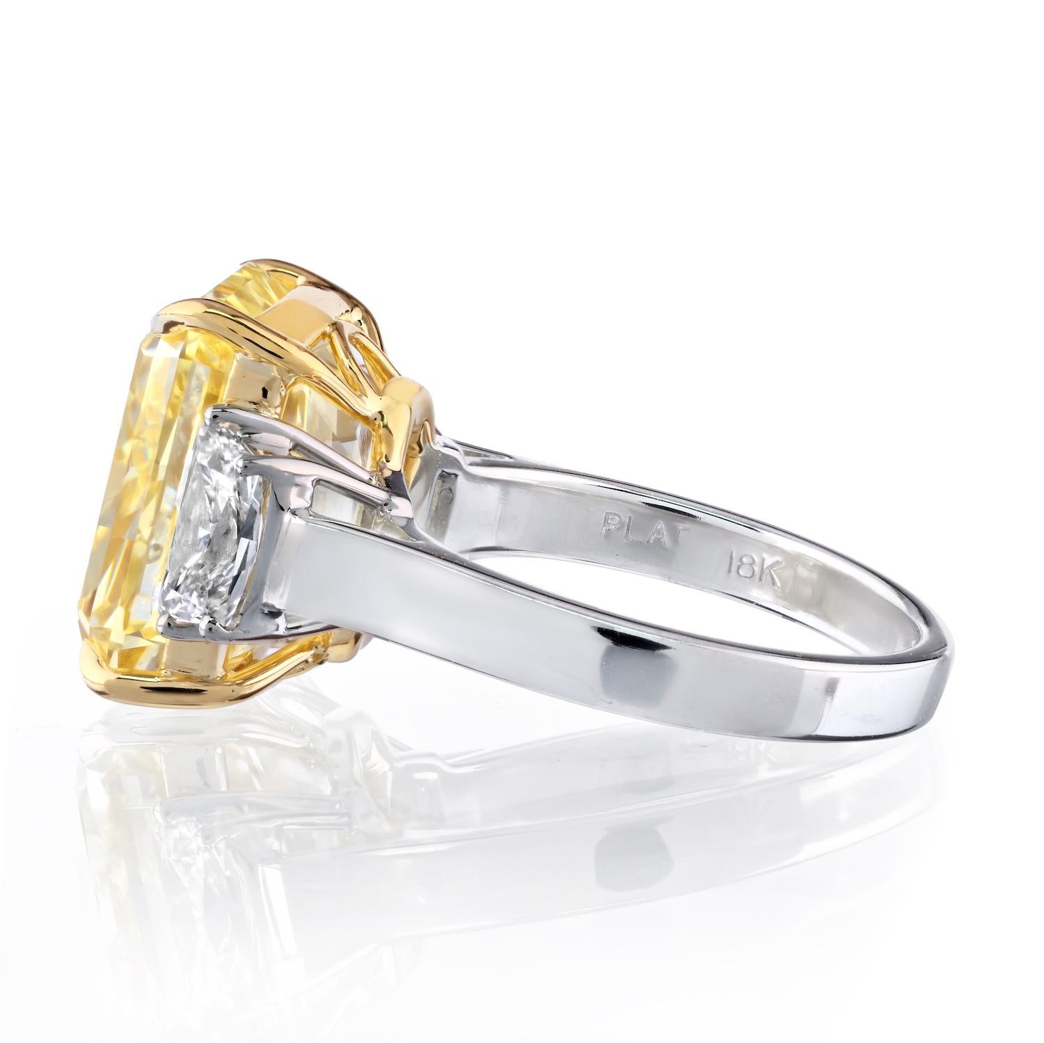12 Carat Fancy Intense Yellow VS1 Radiant Cut Diamond Three Stone Platinum Ring In New Condition For Sale In New York, NY