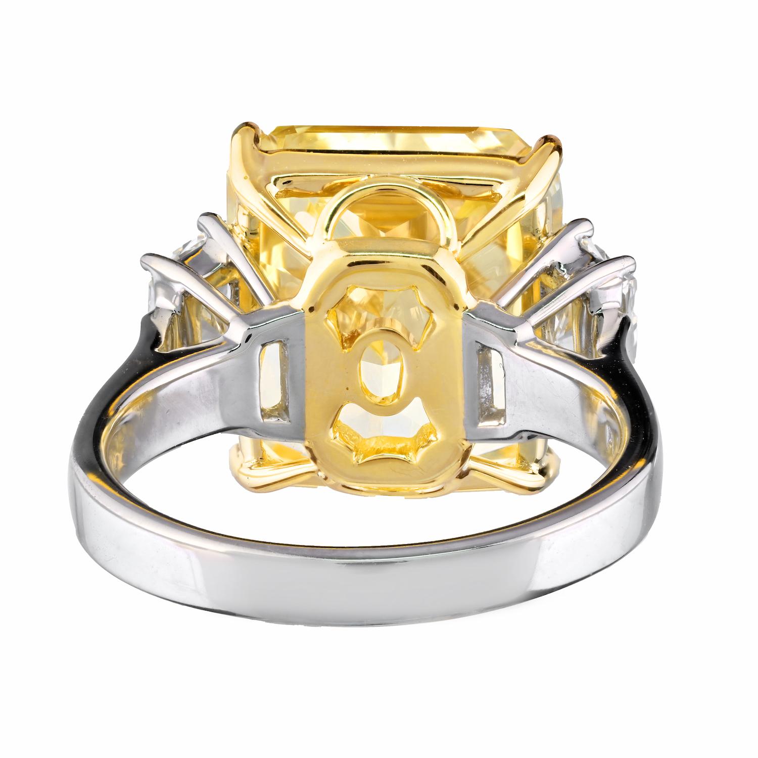 Women's 12 Carat Fancy Intense Yellow VS1 Radiant Cut Diamond Three Stone Platinum Ring For Sale