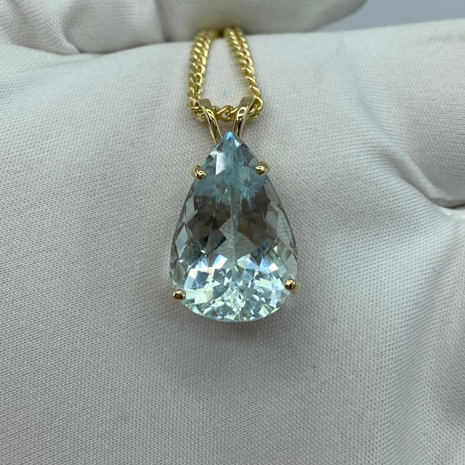 Large Fine Natural Blue Aquamarine Pendant Necklace.

12 Carat Aquamarine with a stunning bright blue colour and excellent clarity, set in a fine 14k yellow gold solitaire pendant.
The aquamarine also has an excellent pear/teardrop cut showing lots