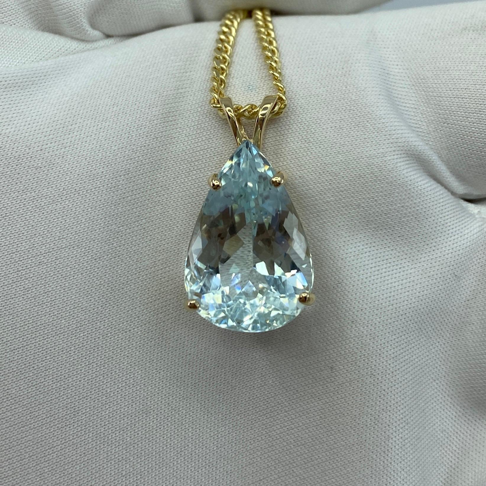 12 Carat Fine Blue Aquamarine Pear Teardrop Cut Yellow Gold Pendant Necklace 1