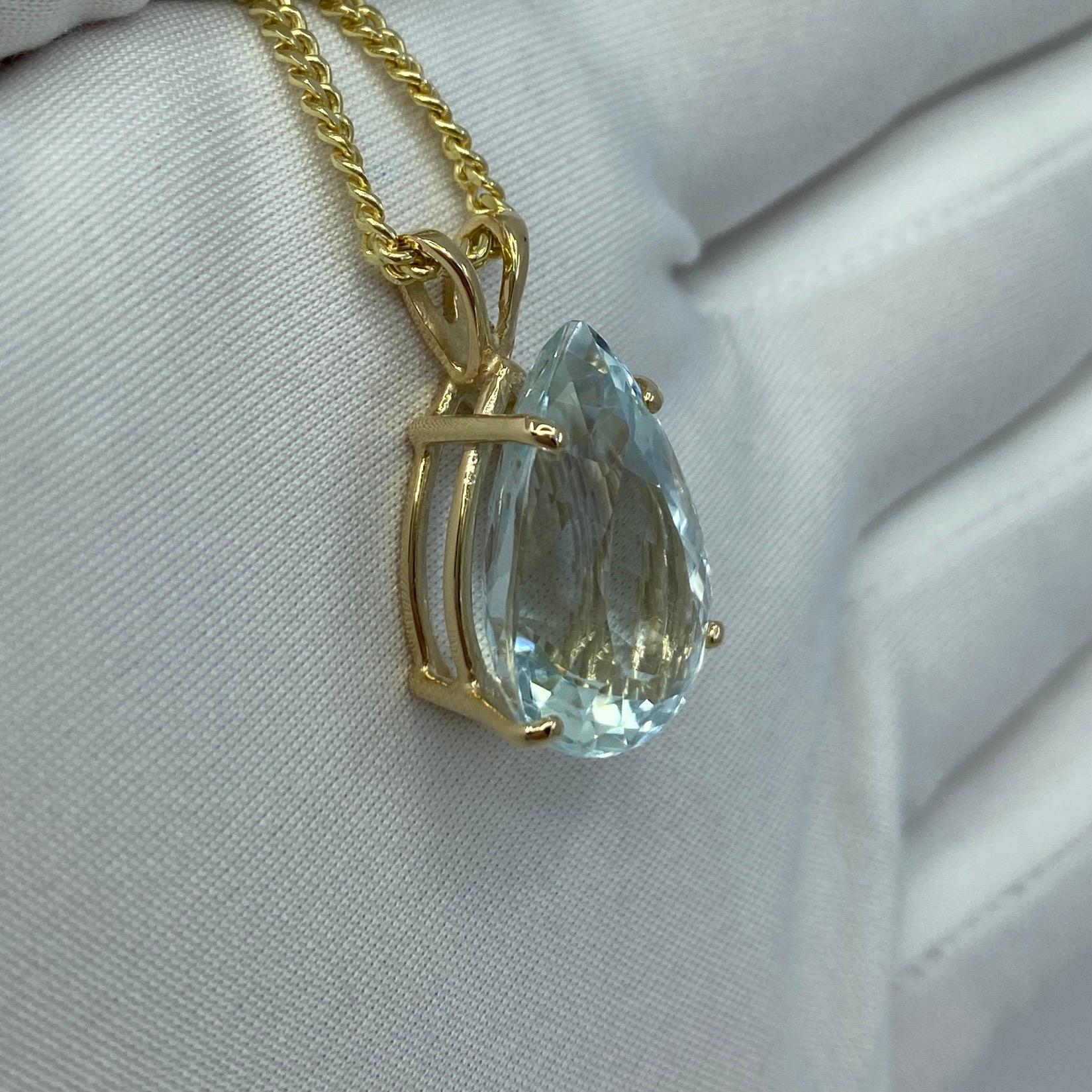 12 Carat Fine Blue Aquamarine Pear Teardrop Cut Yellow Gold Pendant Necklace 2
