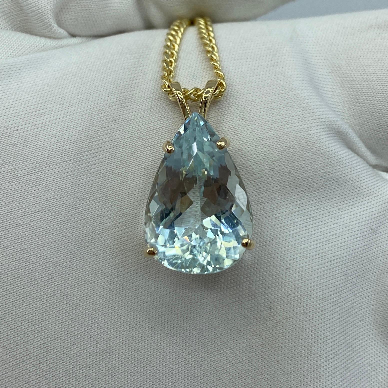 12 Carat Fine Blue Aquamarine Pear Teardrop Cut Yellow Gold Pendant Necklace 3