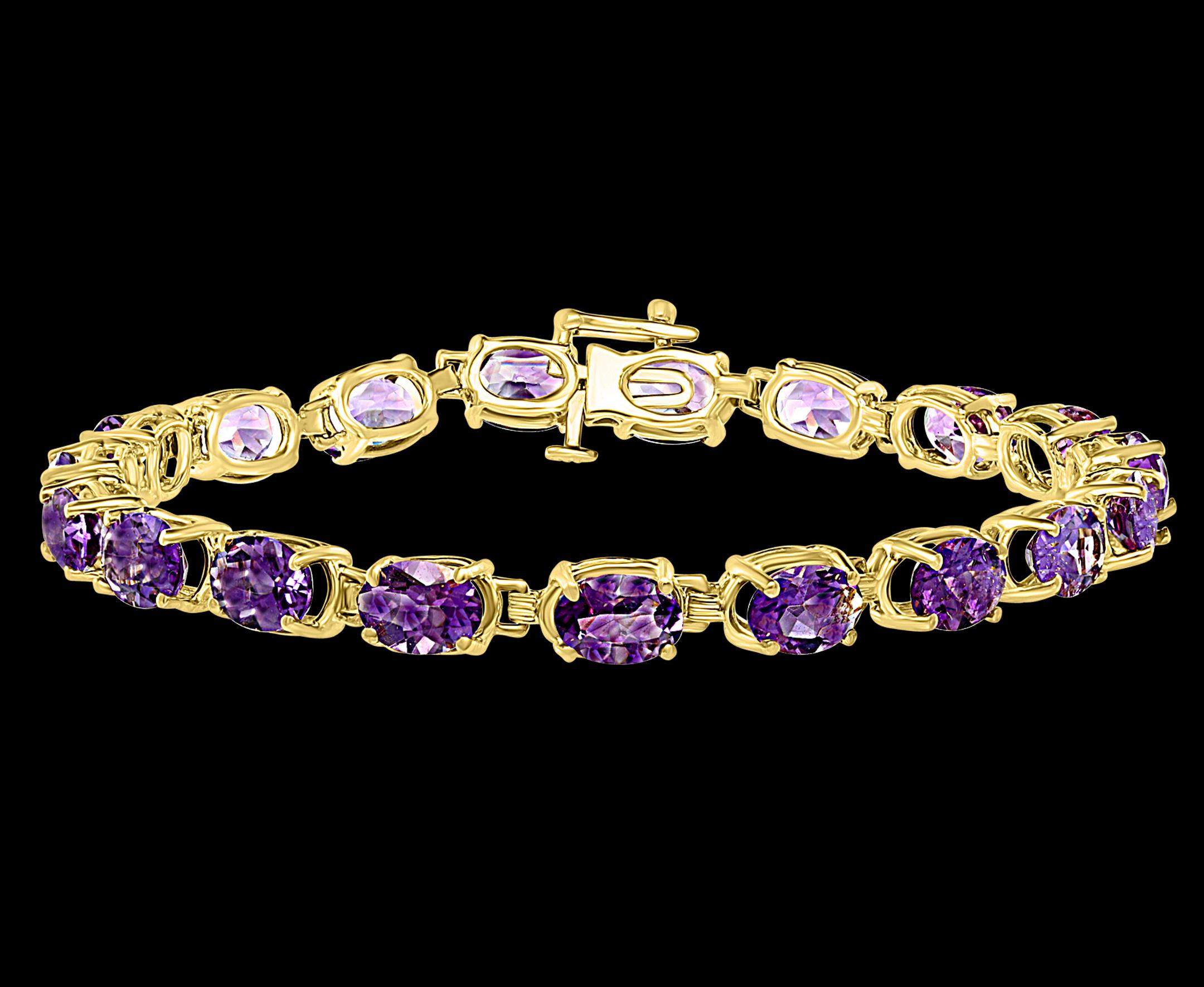  This exceptionally affordable Tennis  bracelet has  19 stones of oval shape Amethyst
Beautiful colors , very Vibrant
Size of the stone is approximately 7X5 mm

Total weight of these Amethyst is approximately 12 Ct
The bracelet is expertly crafted