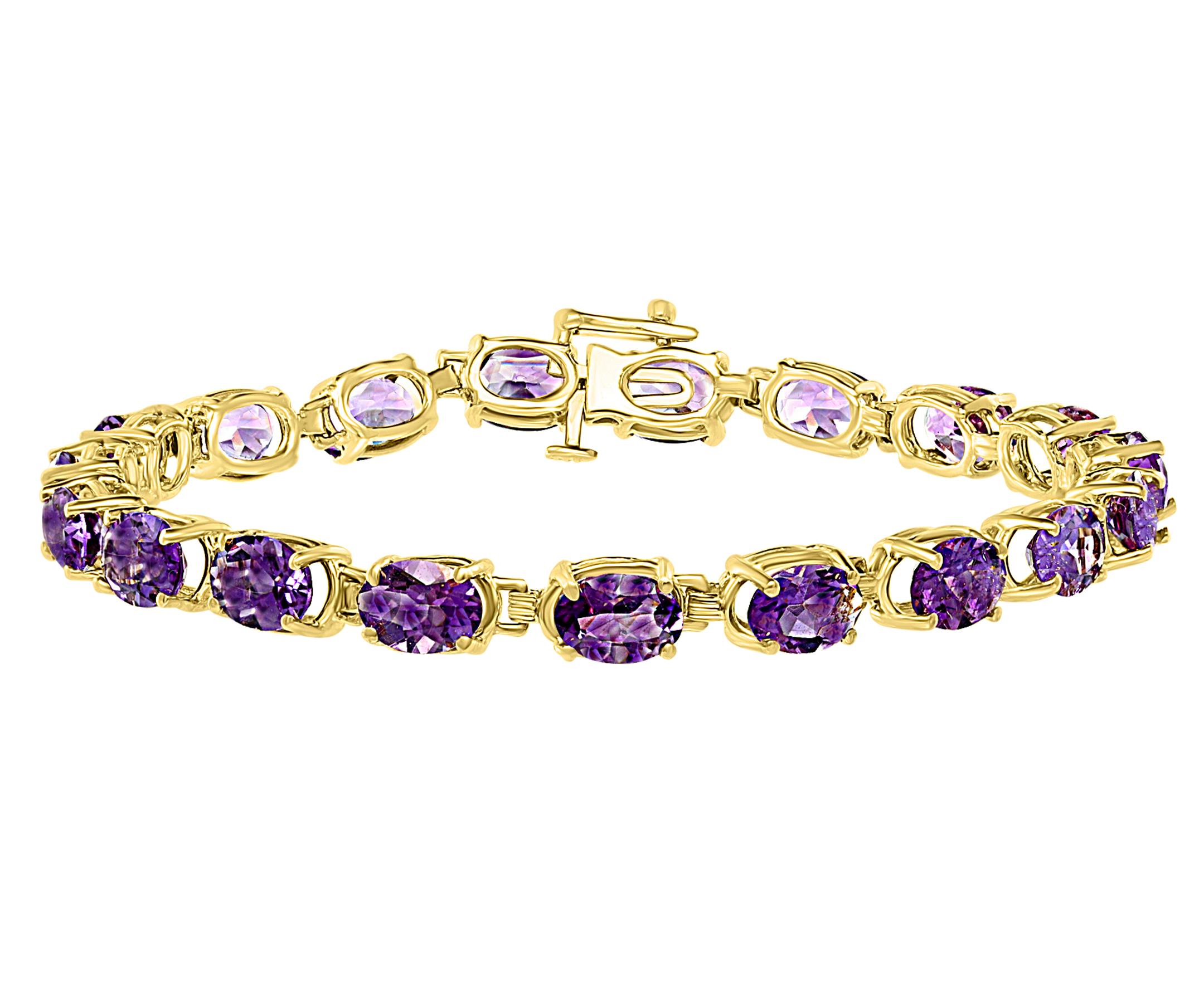 12 Karat echtes natürliches Amethyst-Tennisarmband aus 14 Karat Gelbgold (Ovalschliff)