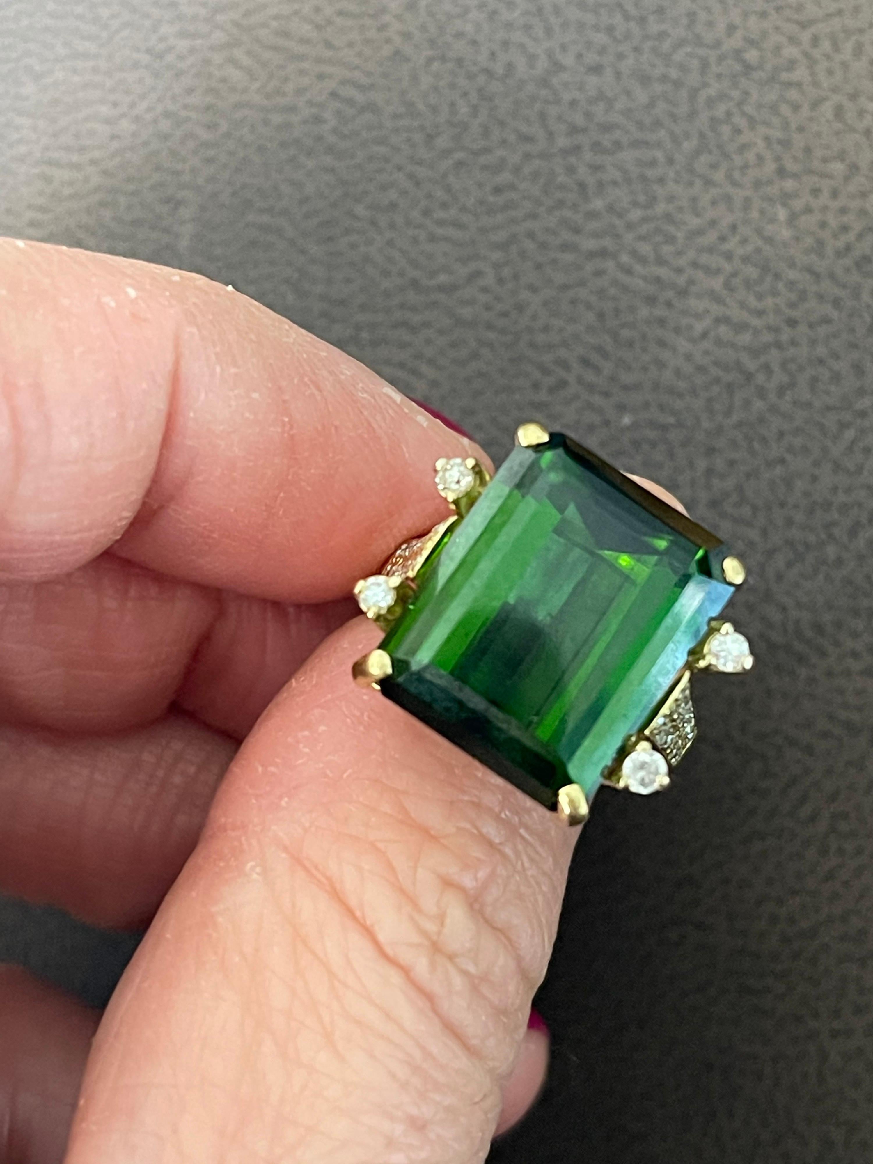 Emerald Cut 12 + Carat Green Tourmaline and 0.50 Ct Diamond Cocktail Ring 18K Yellow Gold
