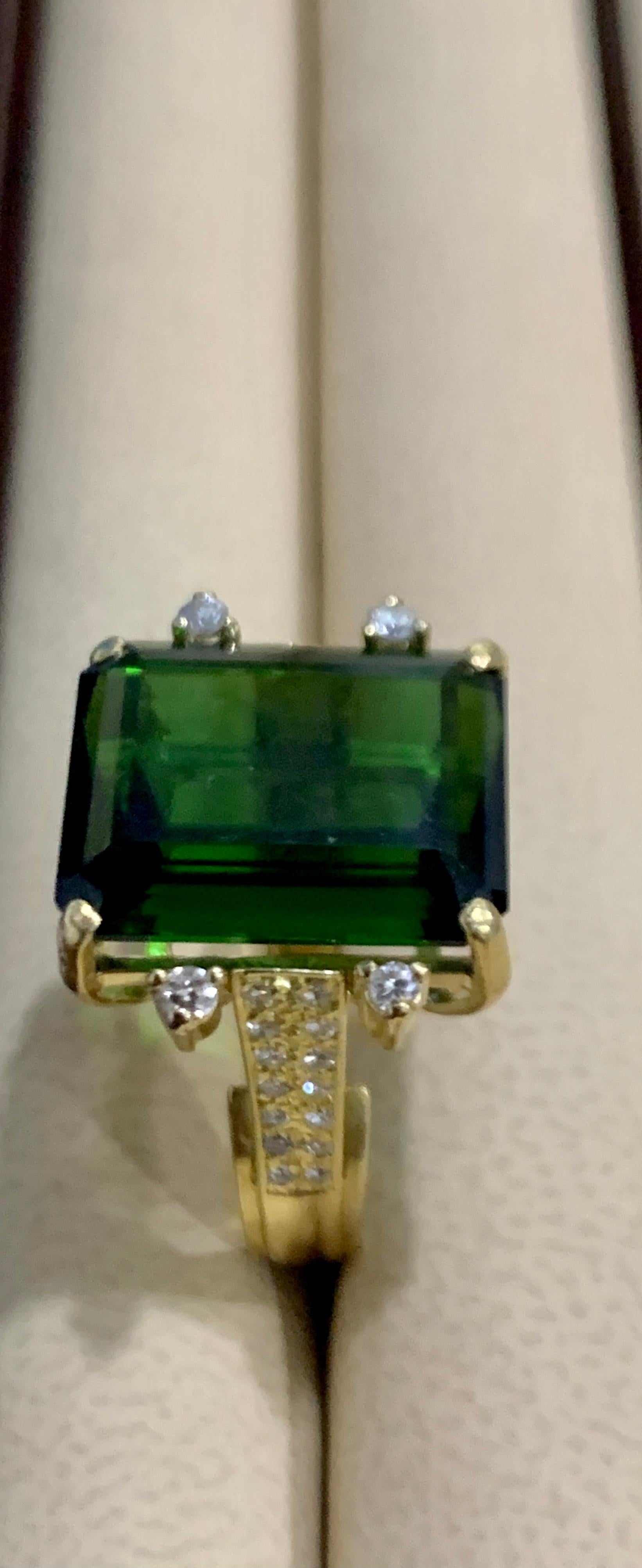 12 + Carat Green Tourmaline and 0.50 Ct Diamond Cocktail Ring 18K Yellow Gold 1