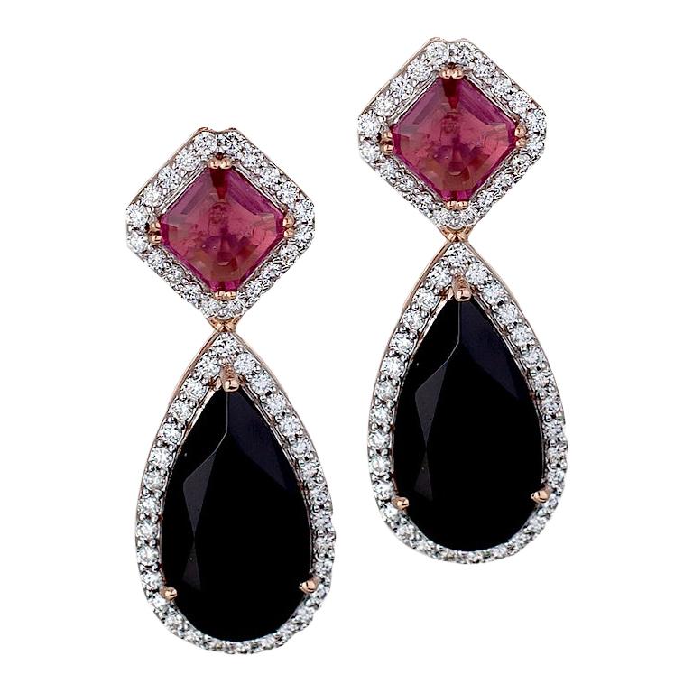 Colorful, Dramatic Tourmaline, Onyx & Diamond Rose Gold Dangle Earrings