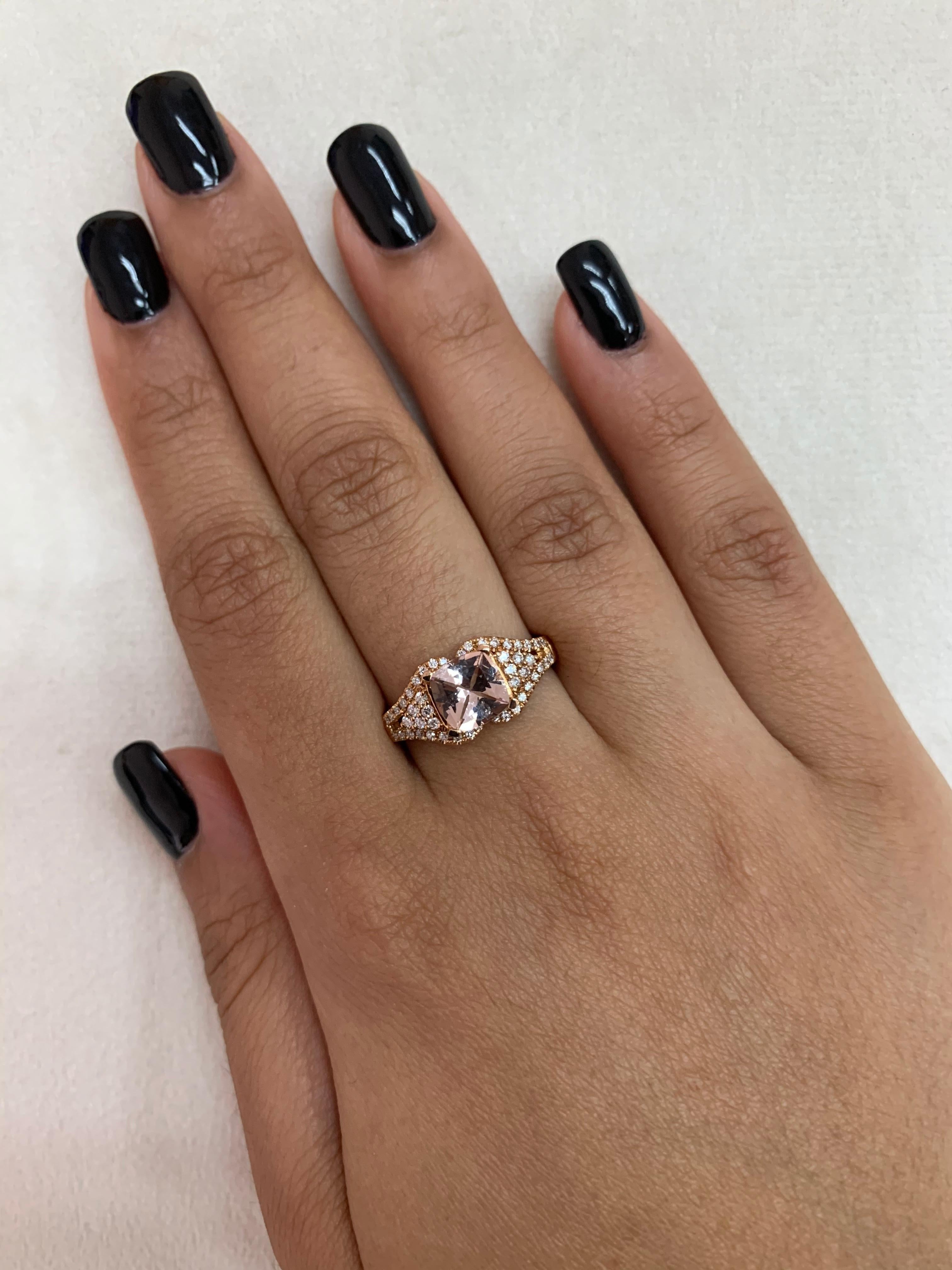 This collection features an array of magnificent morganites! Accented with diamonds these rings are made in rose gold and present a classic yet elegant look. 

Classic morganite ring in 18K rose gold with diamonds. 

Morganite: 1.2 carat cushion