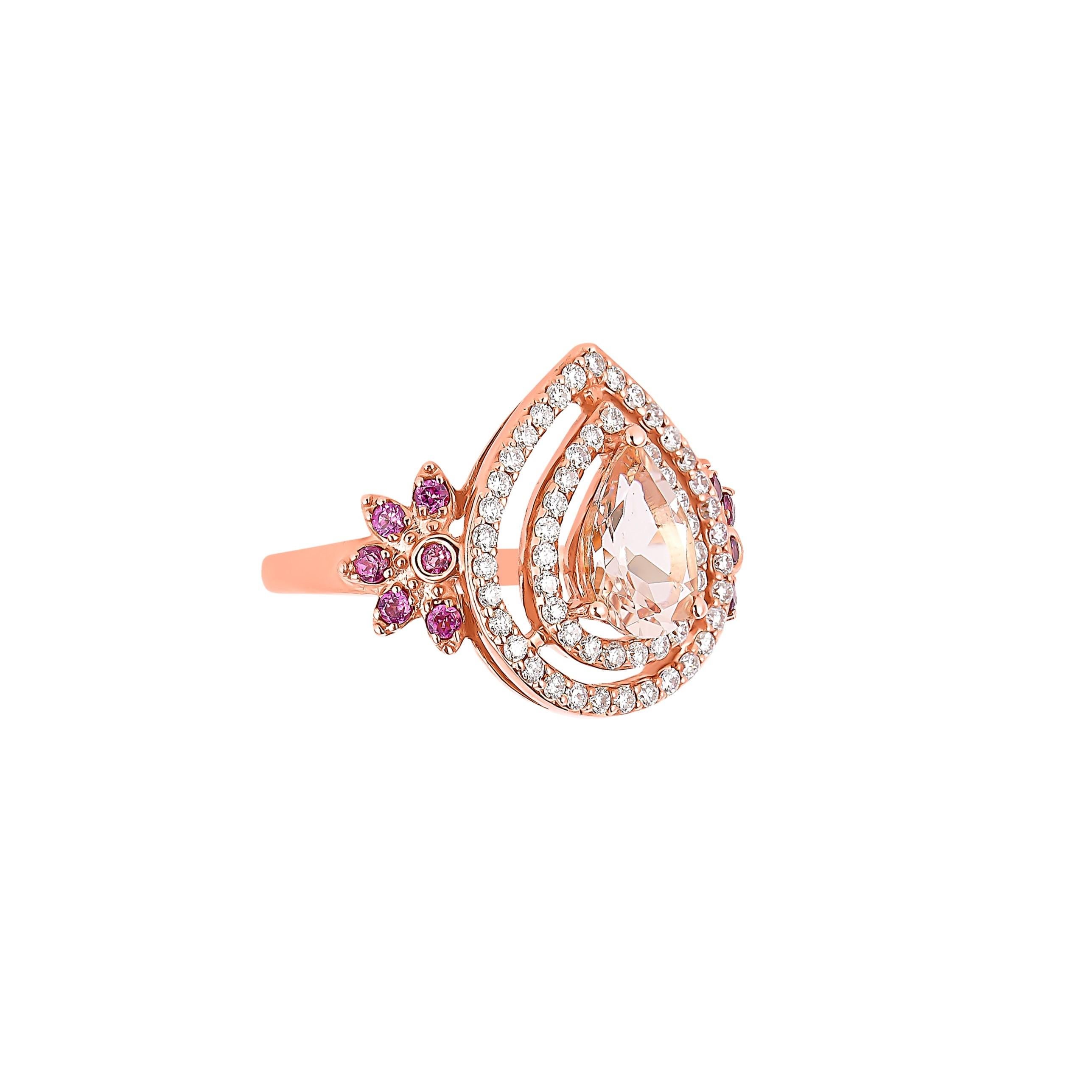 This collection features an array of magnificent morganites! Accented with diamonds these rings are made in rose gold and present a classic yet elegant look. 

Classic morganite ring in 18K rose gold with diamonds. 

Morganite: 1.235 carat pear