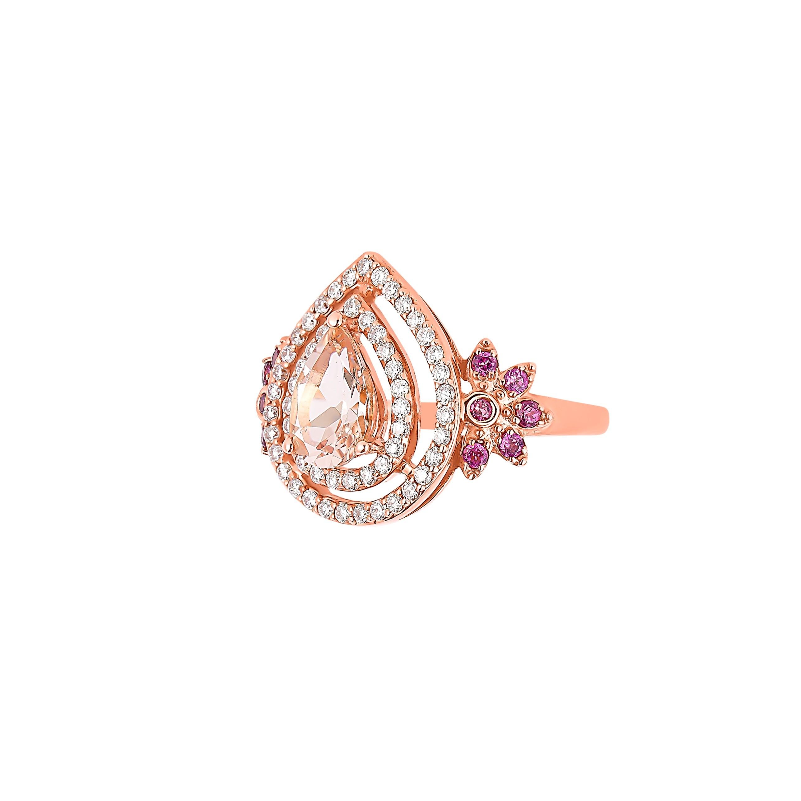 Contemporary 1.2 Carat Morganite with Rhodolite and Diamond Ring in 18 Karat Rose Gold For Sale