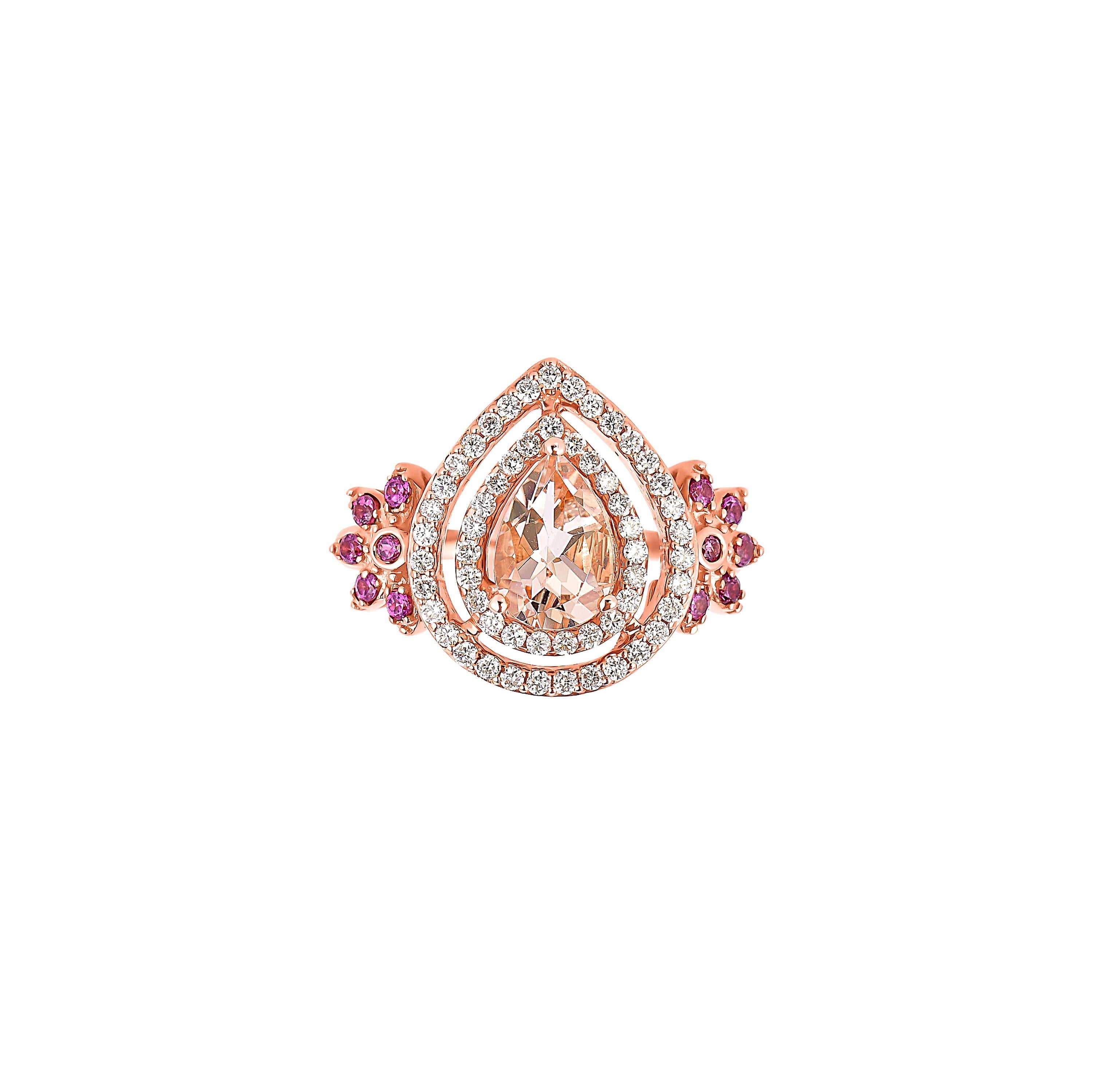 Pear Cut 1.2 Carat Morganite with Rhodolite and Diamond Ring in 18 Karat Rose Gold For Sale
