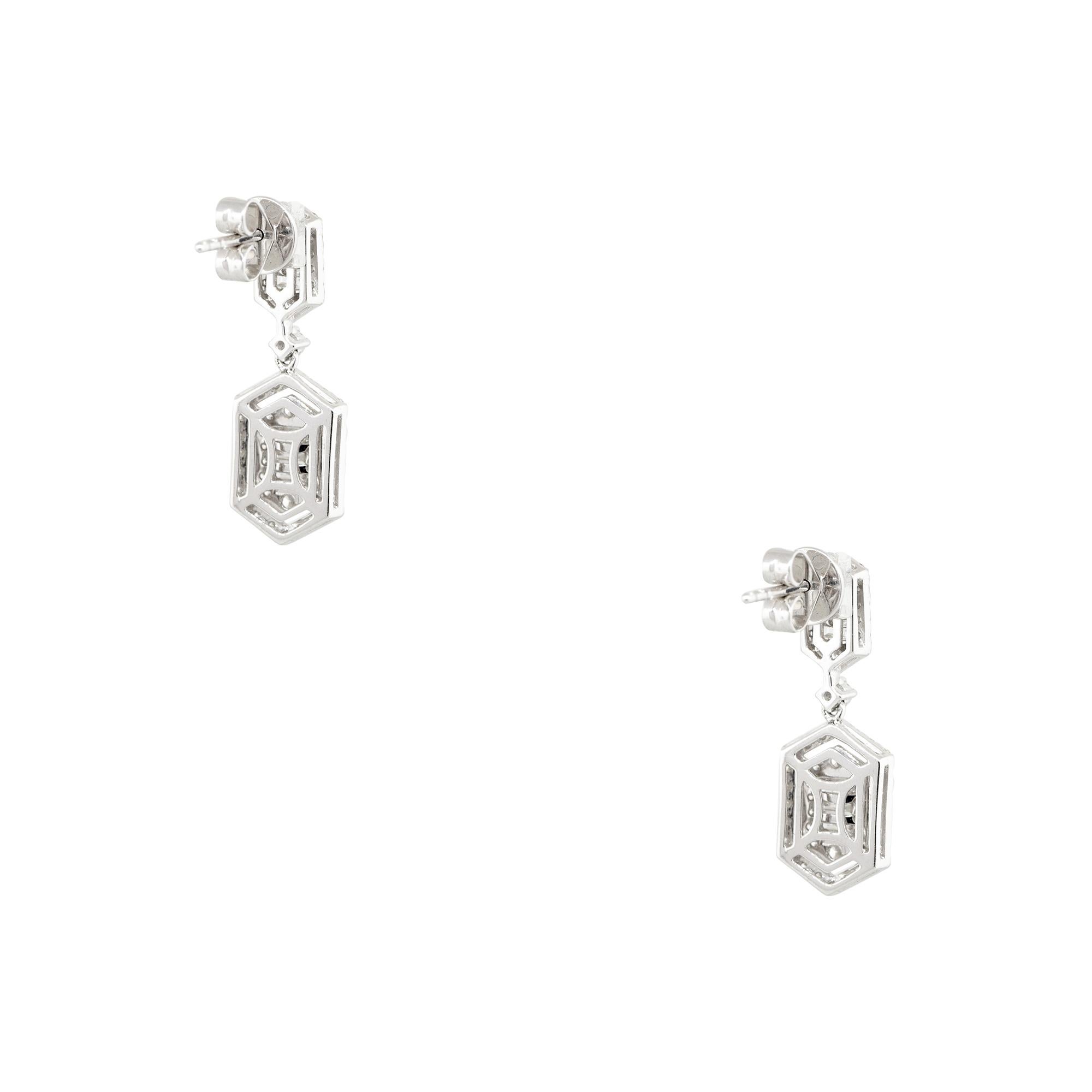 18k White Gold 1.2ctw Multi-Shape Mosaic Diamond Drop Earrings
Material: 18k White Gold
Diamond Details: Diamonds are approximately 1.2ctw of Round Brilliant cut Diamonds. There are 118 diamonds total and diamonds are approximately F/G in color and