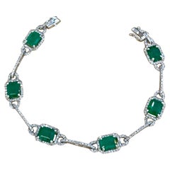 12 Carat Natural Brazil Emerald & 2.5 Ct Diamond Tennis Bracelet 14 Karat W Gold