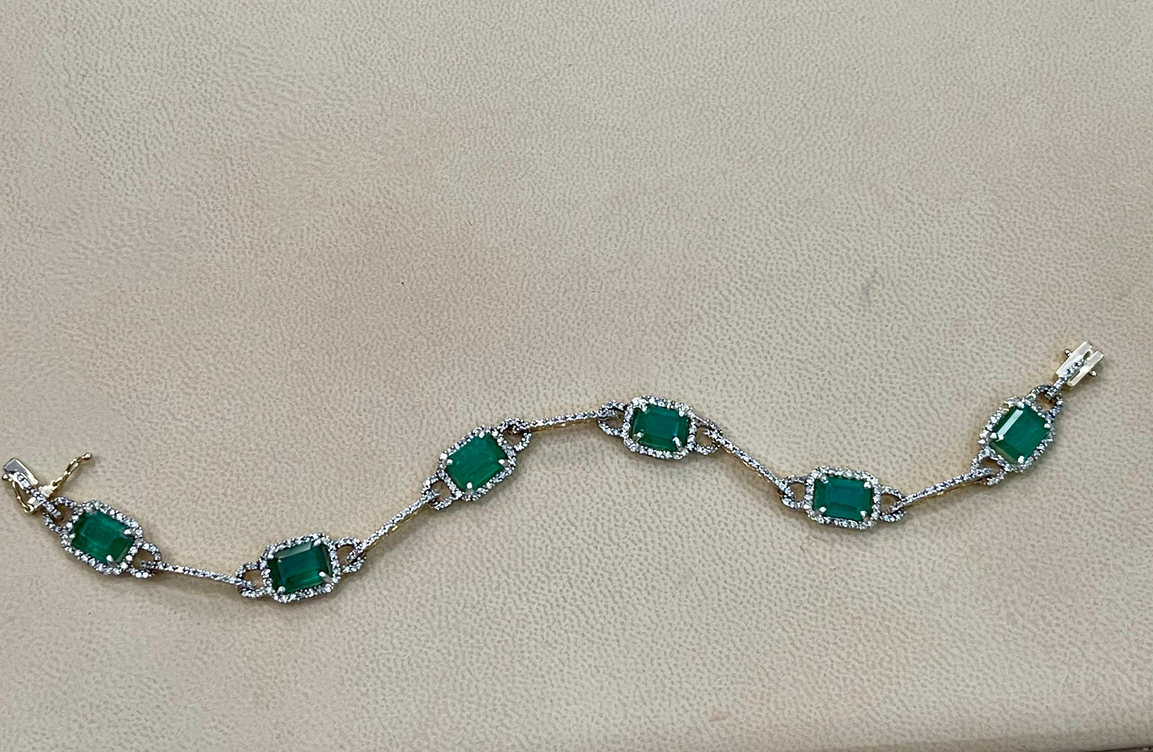 Emerald Cut 12 Carat Natural Brazil Emerald & 2.5 Ct Diamond Tennis Bracelet 14 Karat Y Gold