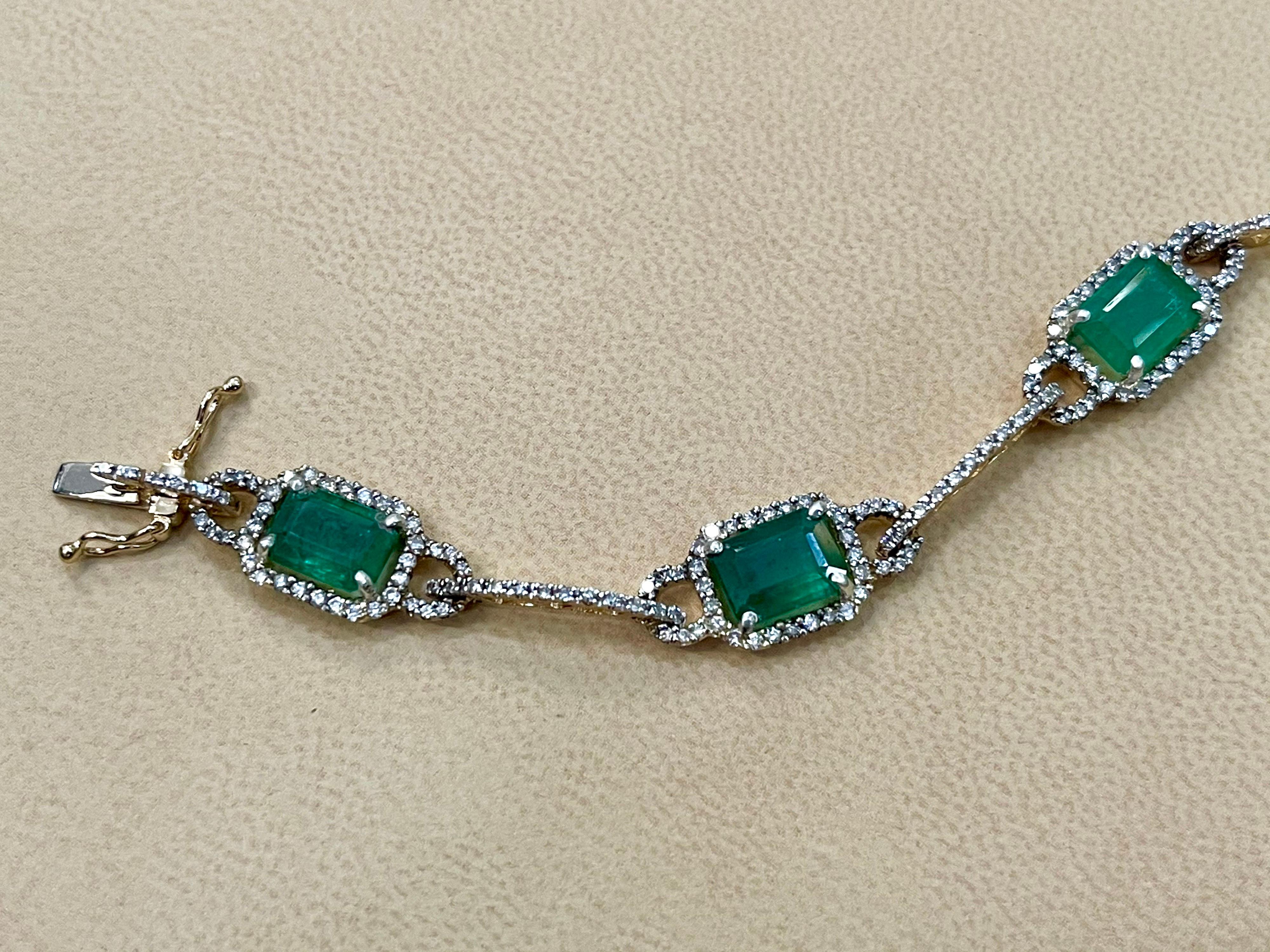 12 Carat Natural Brazil Emerald & 2.5 Ct Diamond Tennis Bracelet 14 Karat Y Gold 2