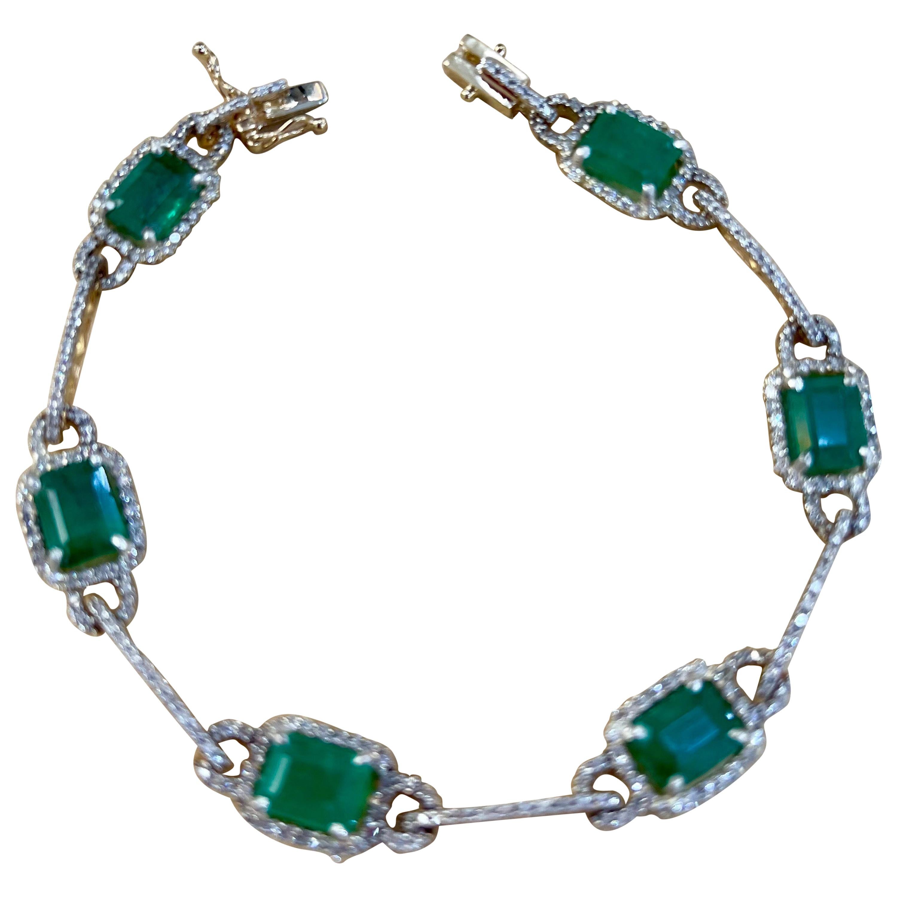 12 Carat Natural Brazil Emerald & 2.5 Ct Diamond Tennis Bracelet 14 Karat Y Gold