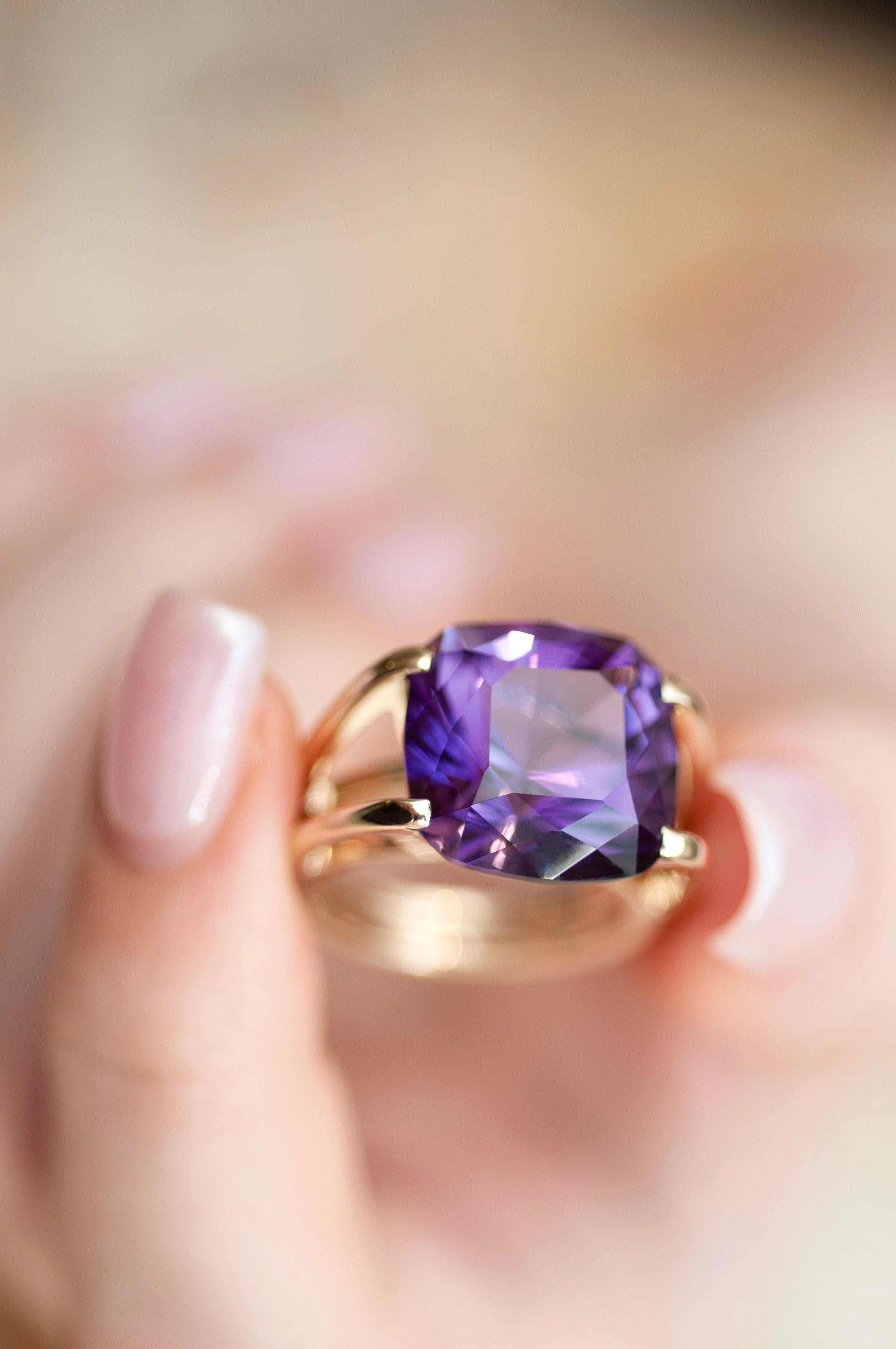 For Sale:  12 Carat Natural Brazilian Purple Amethyst 14 Karat Yellow Gold Cocktail Ring 7