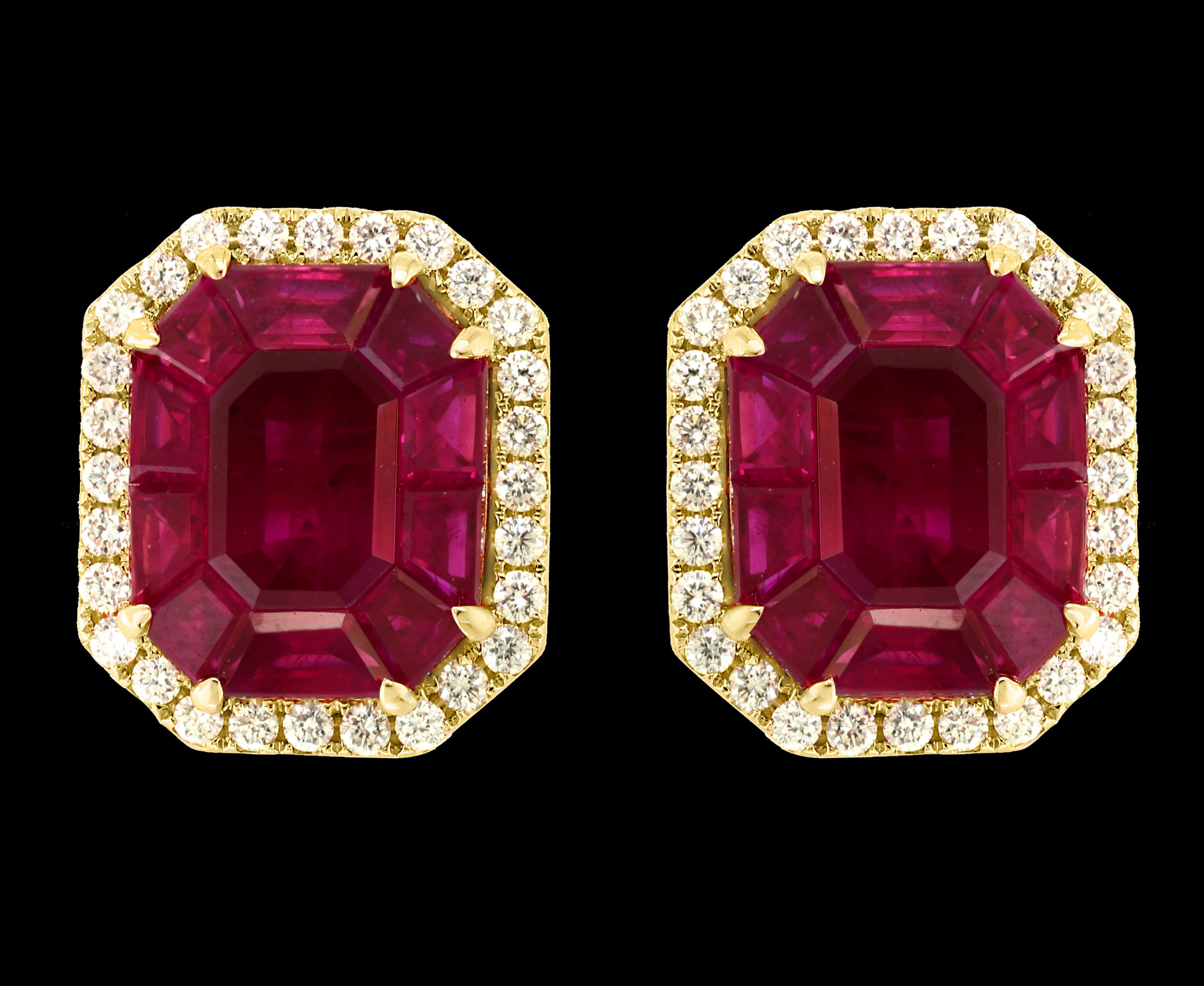 Boucles d'oreilles en or jaune 18 carats avec diamants et rubis naturel de Birmanie de 12 carats en vente 9