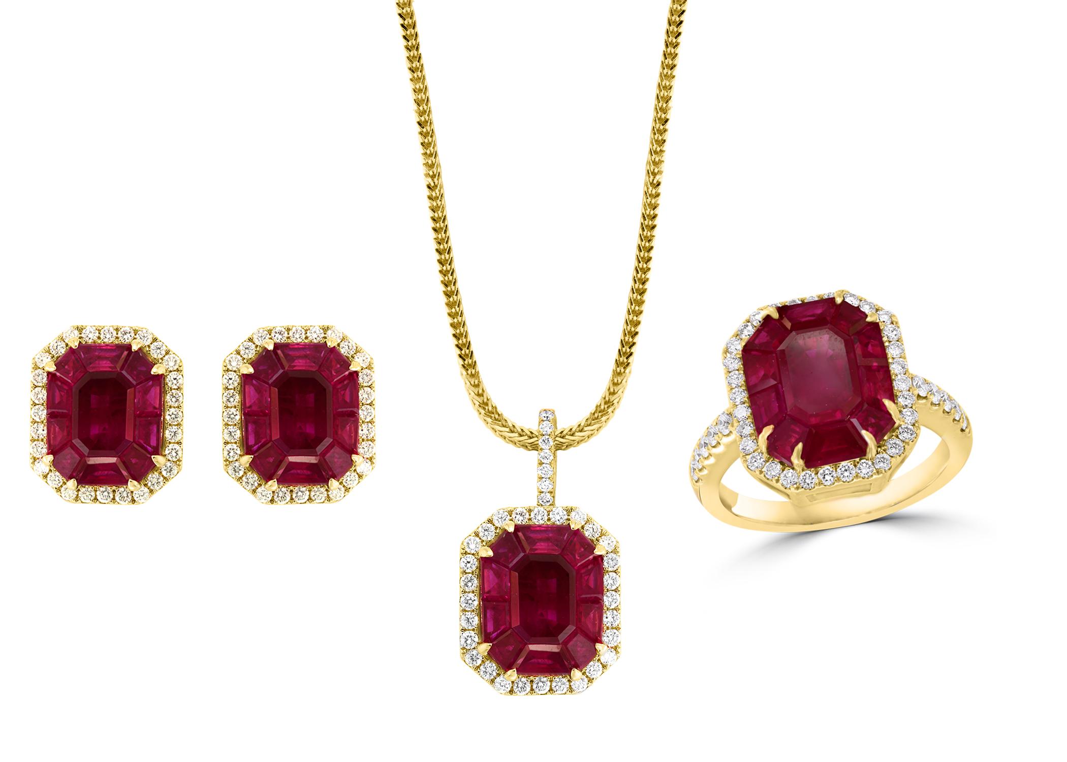 12 Carat Natural Burma Ruby and Diamond Earring in 18 Karat  Yellow Gold
This spectacular  earrings consisting of natural Burma ruby. One Emerald shape ruby 12 X10 , It look like a whole one single piece but in fact there is a center single stone