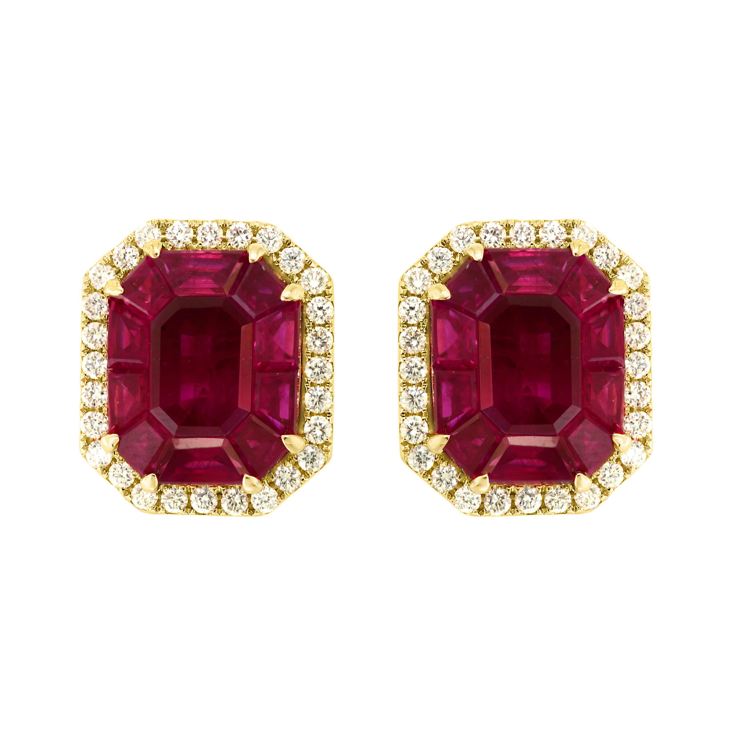 Boucles d'oreilles en or jaune 18 carats avec diamants et rubis naturel de Birmanie de 12 carats
