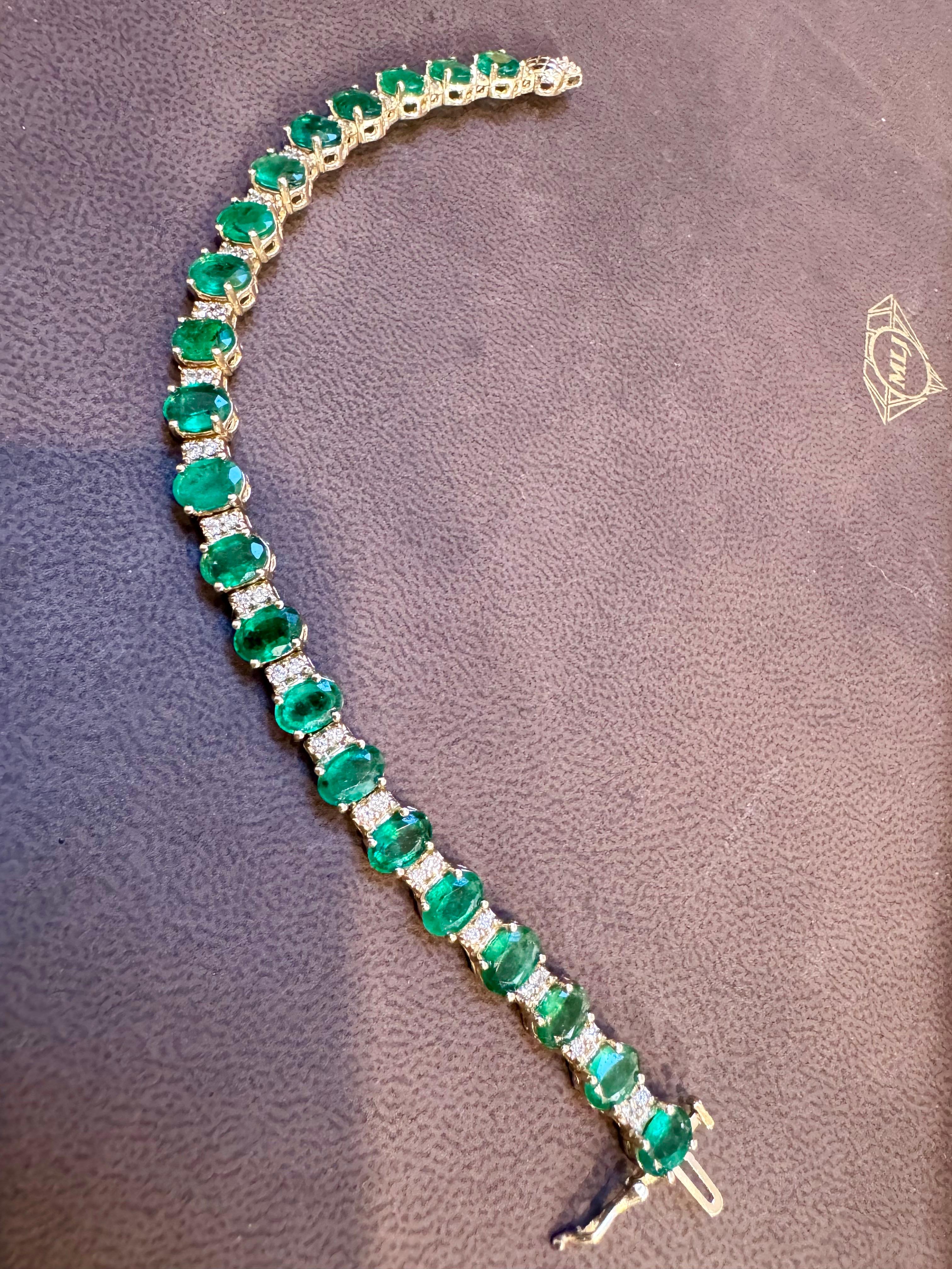 Bracelet tennis en or jaune 14 carats, émeraude naturelle de 12 carats et diamants de 1 carat en vente 14