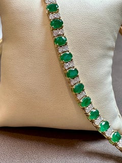 12 Carat Natural Emerald & 2.8 Carat Diamond Tennis Bracelet 14 Kt Yellow Gold