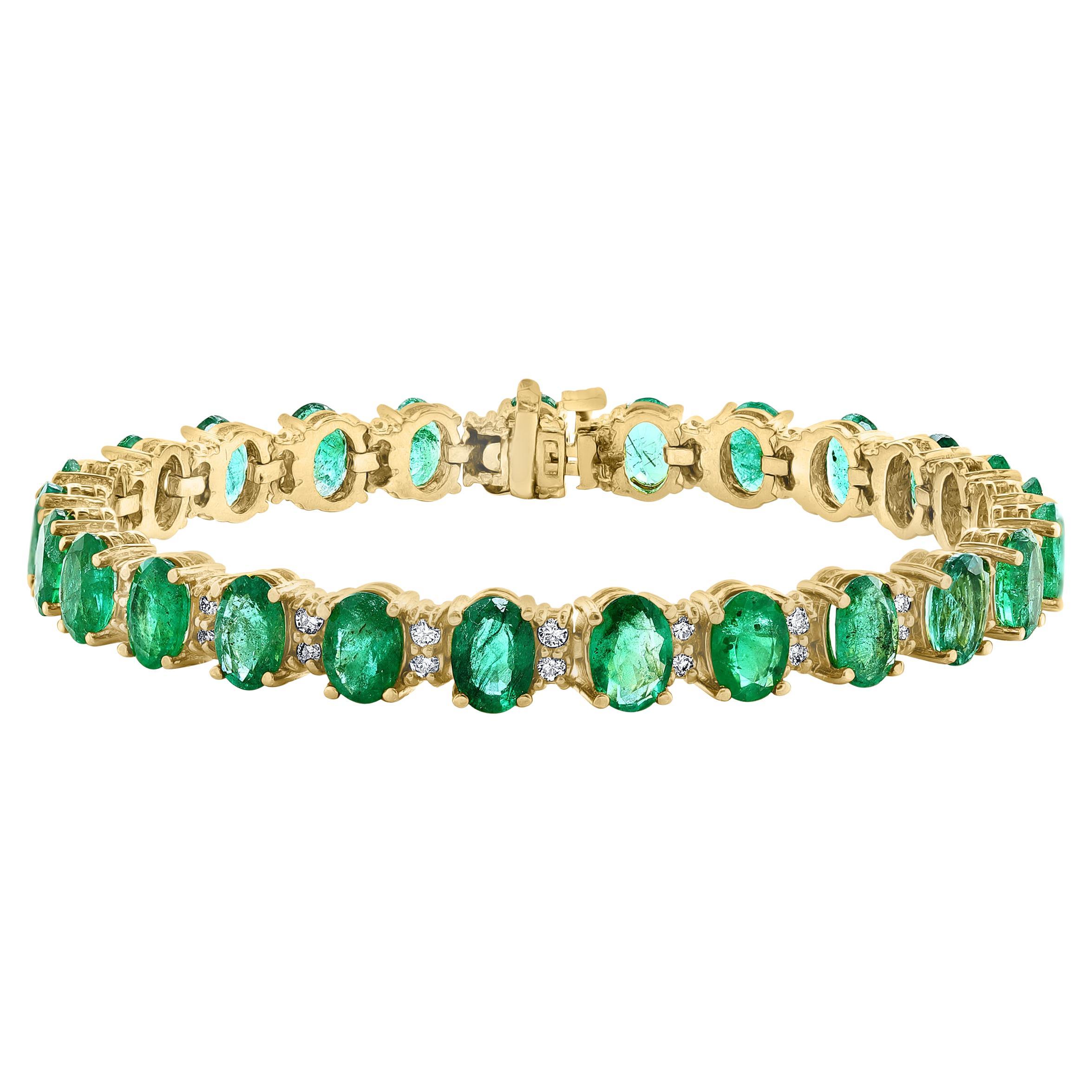 Oval Cut 12 Carat Natural Emerald & 2.8 Carat Diamond Tennis Bracelet 14 Kt Yellow Gold For Sale