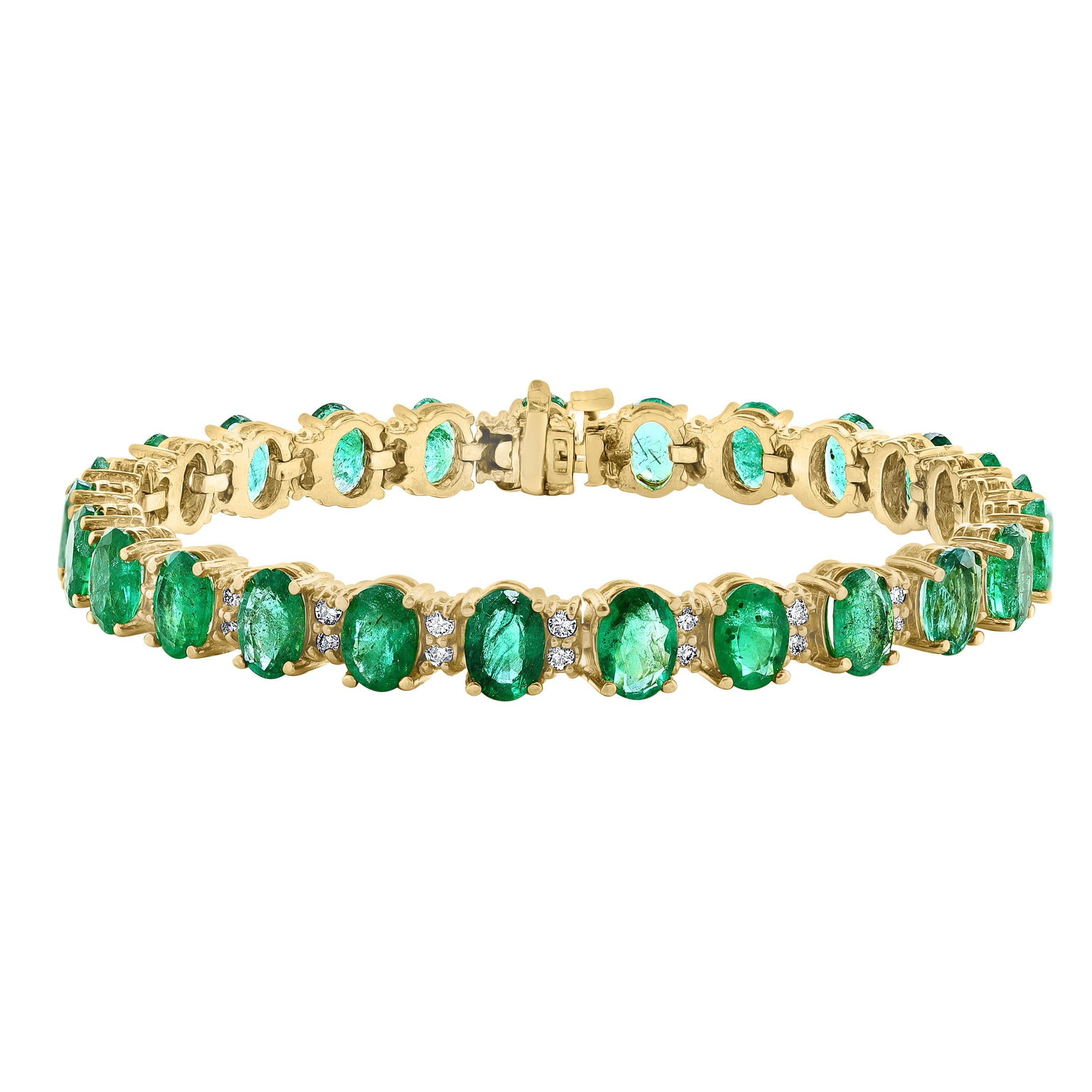 12 Carat Natural Emerald & 2.8 Carat Diamond Tennis Bracelet 14 Kt Yellow Gold For Sale 1