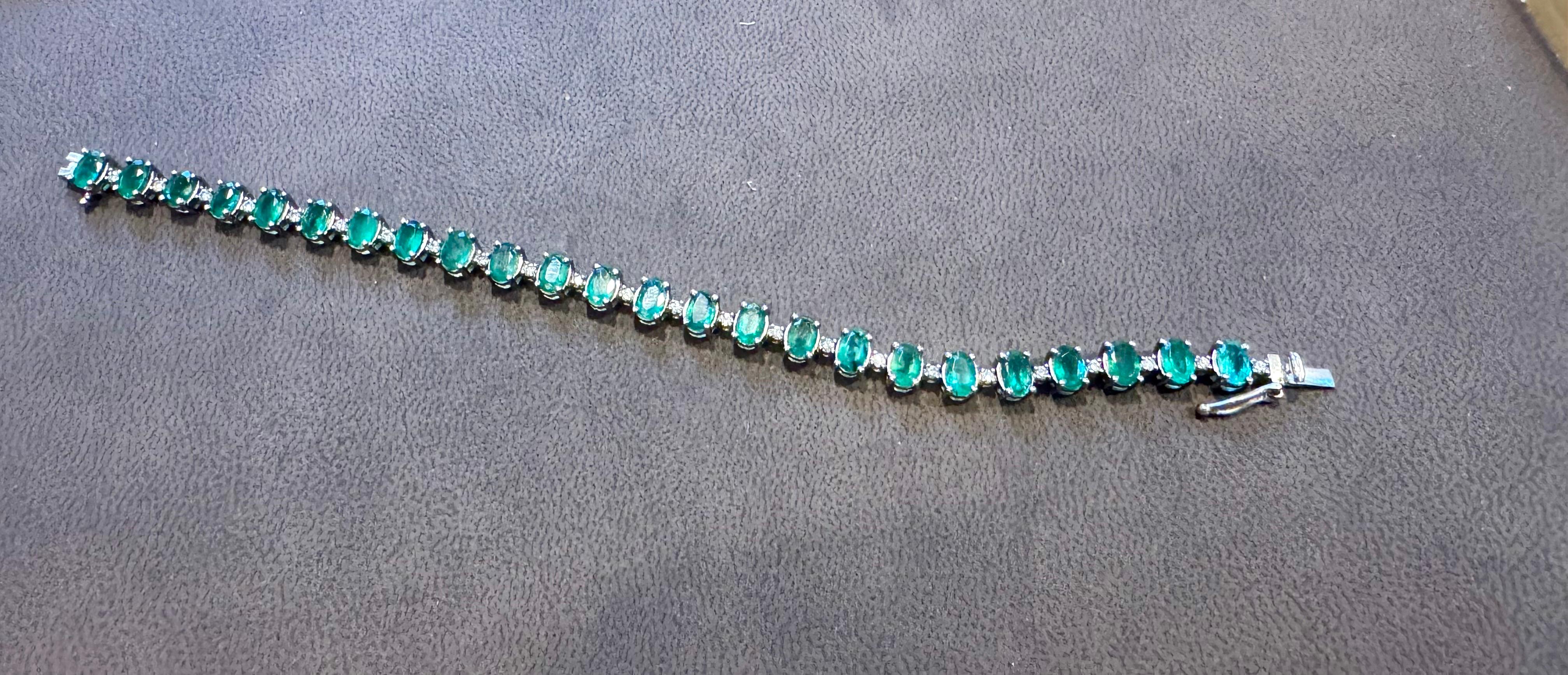 12 Carat Natural Emerald & Diamond Cocktail Tennis Bracelet 14 Karat White gold For Sale 9