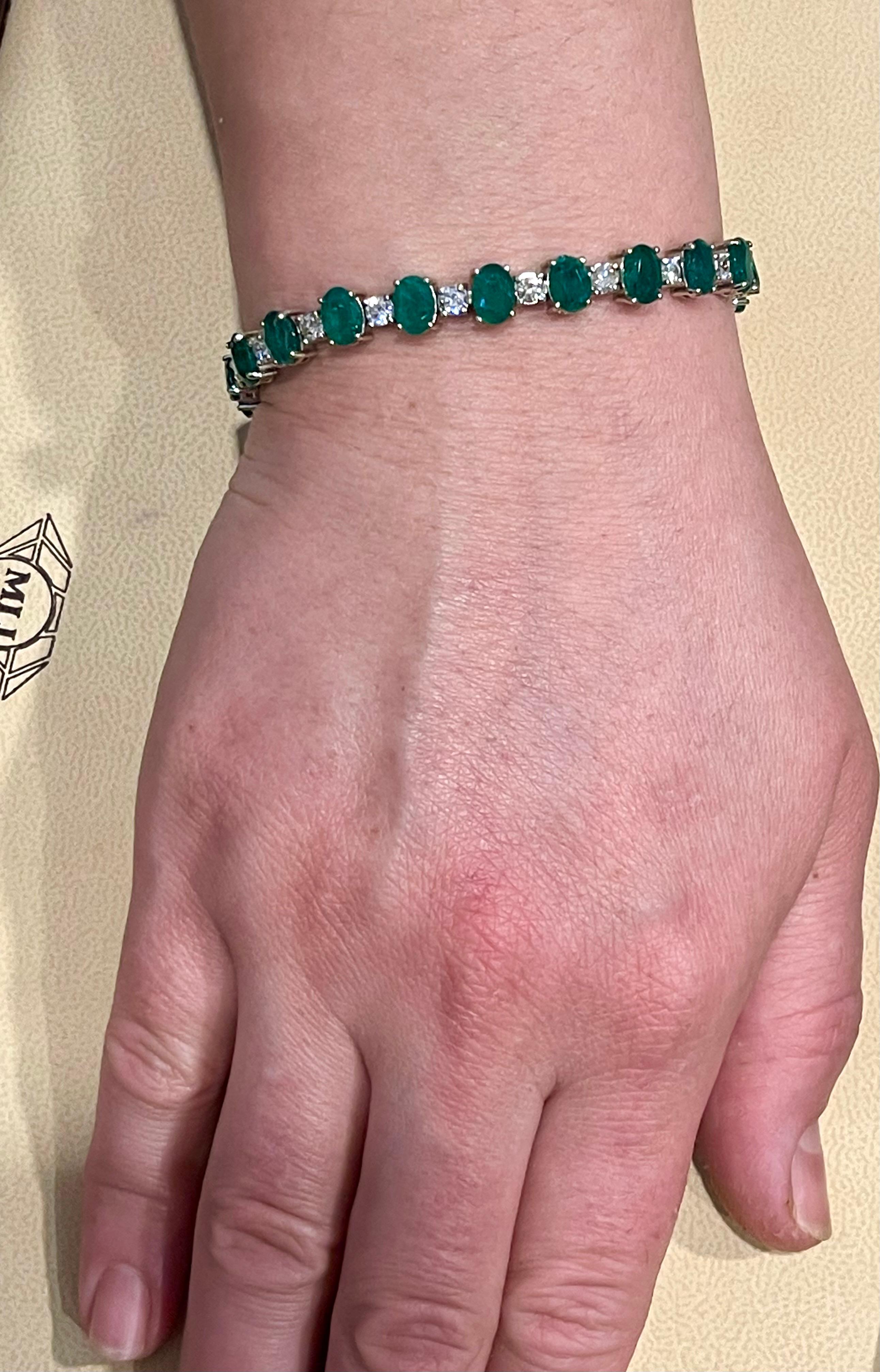 12 Carat Natural Emerald & Diamond Cocktail Tennis Bracelet 14 Karat White gold For Sale 10