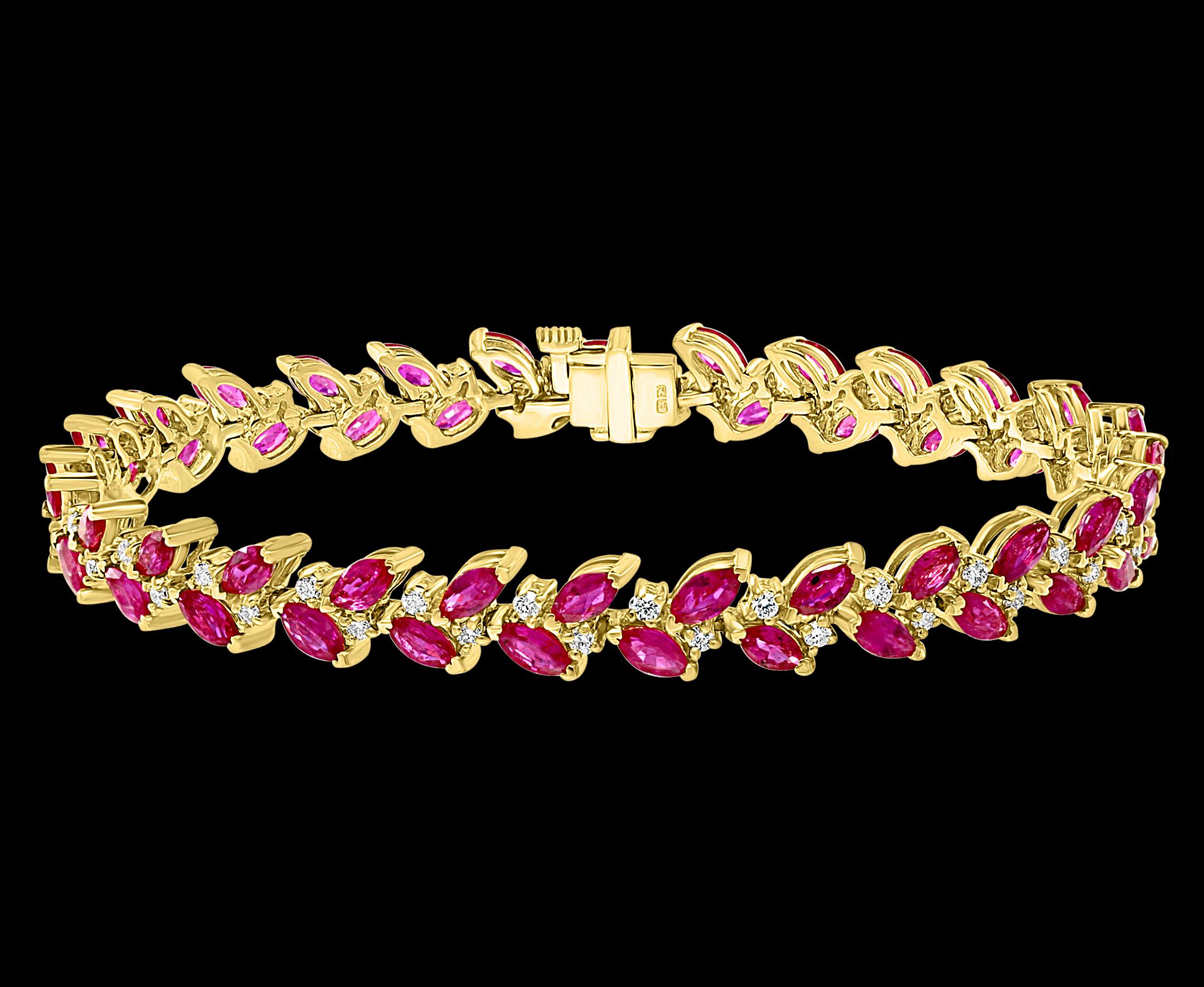  This bracelet boasts marquise-cut  Rubies in 14k Yellow Gold.
 prong settings, beautifully complemented by glittering round-cut diamonds. Together these elements make this bracelet beautiful. . These are natural Rubies
 They have a signature medium
