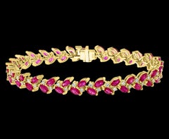12 Carat Natural Marquise Ruby and Diamond Tennis Bracelet 14 Karat Yellow Gold