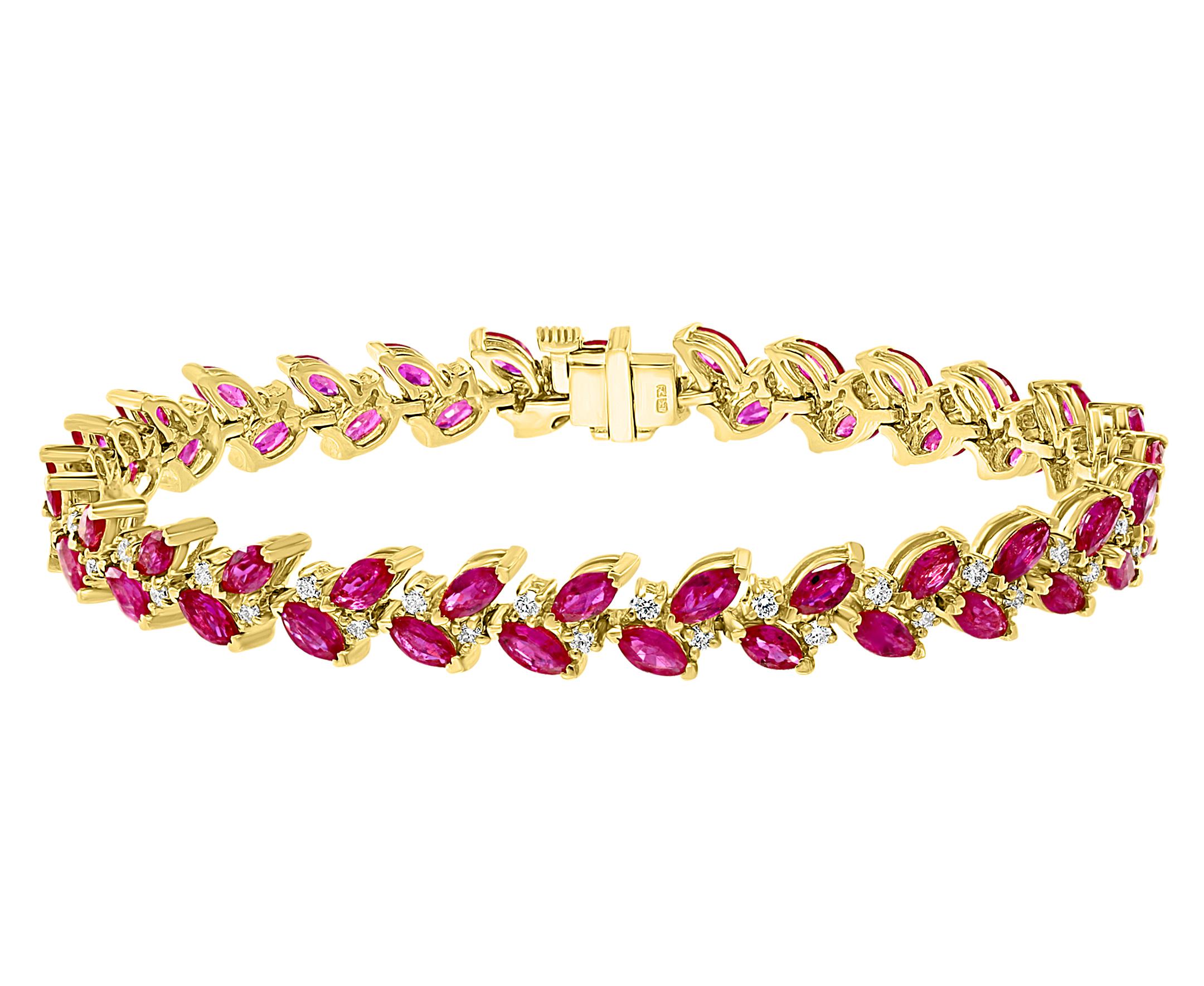 12 Carat Natural Marquise Ruby and Diamond Tennis Bracelet 14 Karat Yellow Gold In New Condition For Sale In New York, NY