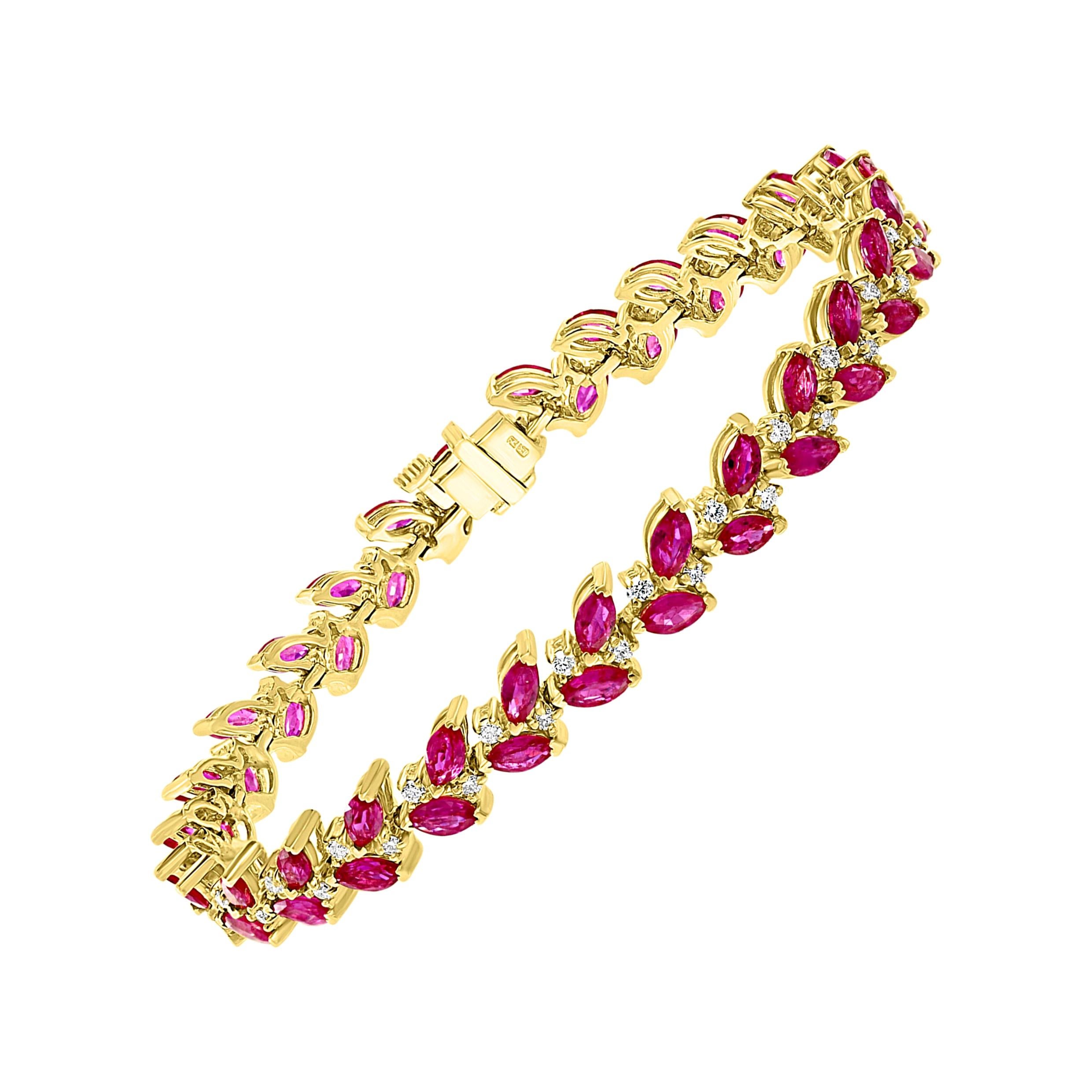 12 Carat Natural Marquise Ruby and Diamond Tennis Bracelet 14 Karat Yellow Gold For Sale