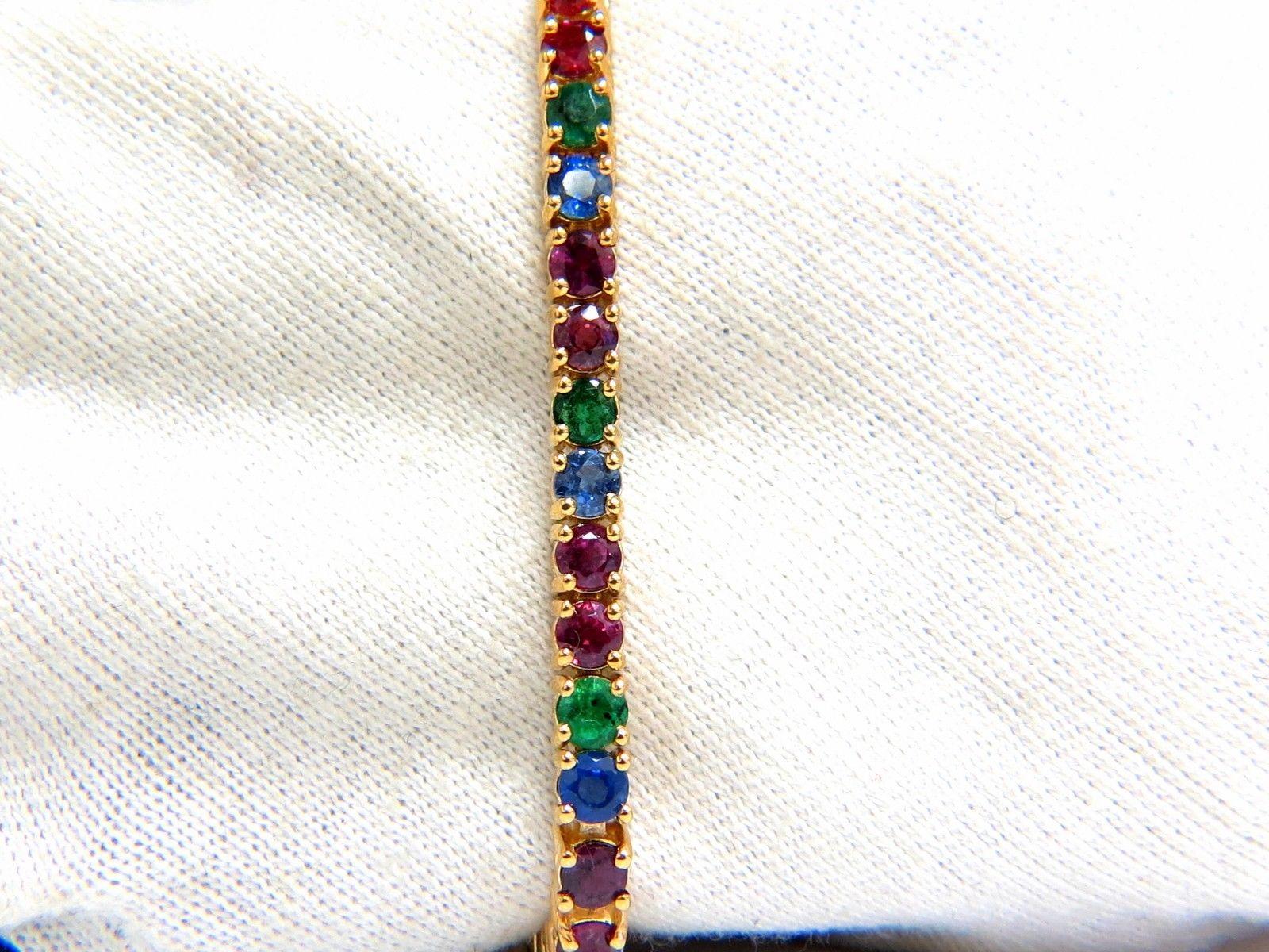 Round Cut 12 Carat Natural Ruby Emerald Sapphire Tennis Bracelet 14 Karat Gem Line