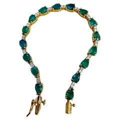 12 Carat Natural Zambian Emerald & Diamond Tennis Bracelet 14 Karat Yellow Gold