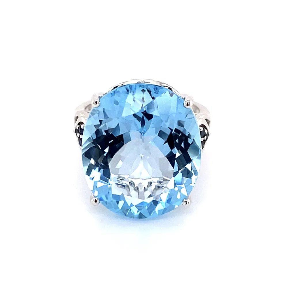 12 Carat Oval Blue Topaz and Sapphire Gold Solitaire Statement Cocktail Ring For Sale 1