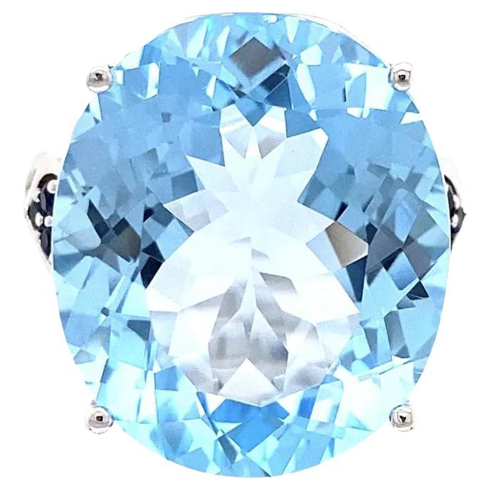 12 Carat Oval Blue Topaz and Sapphire Gold Solitaire Statement Cocktail Ring