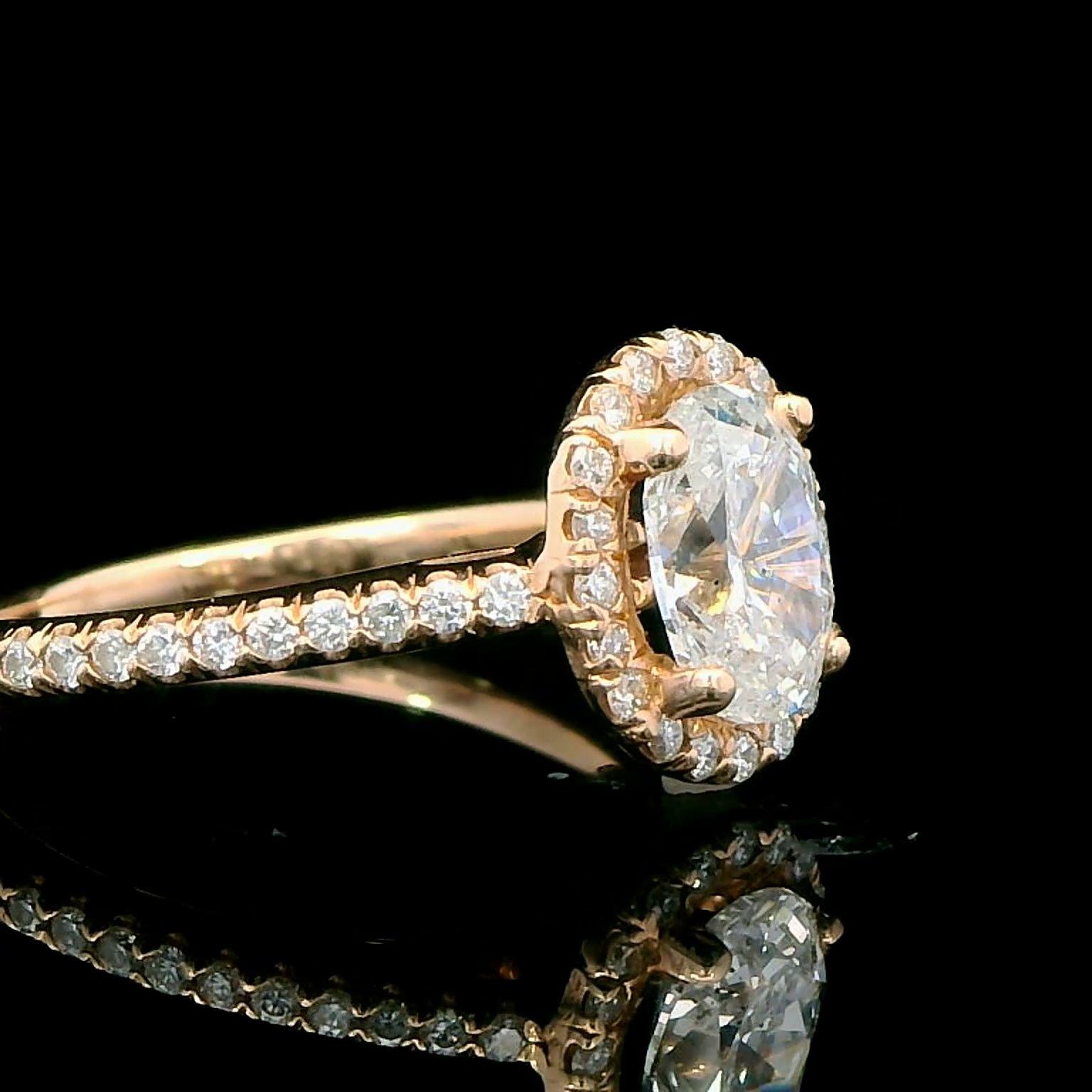 Women's or Men's 1.2 Carat Oval Diamond Halo Ring Set in Rose Gold For Sale