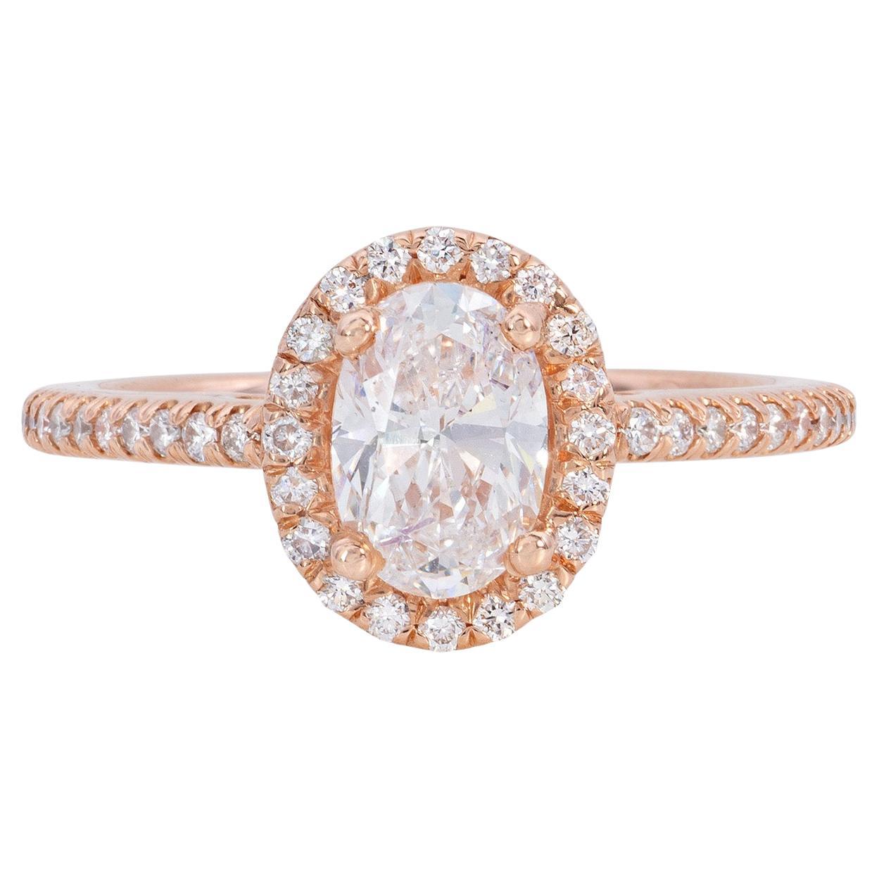1.2 Carat Oval Diamond Halo Ring Set in Rose Gold For Sale